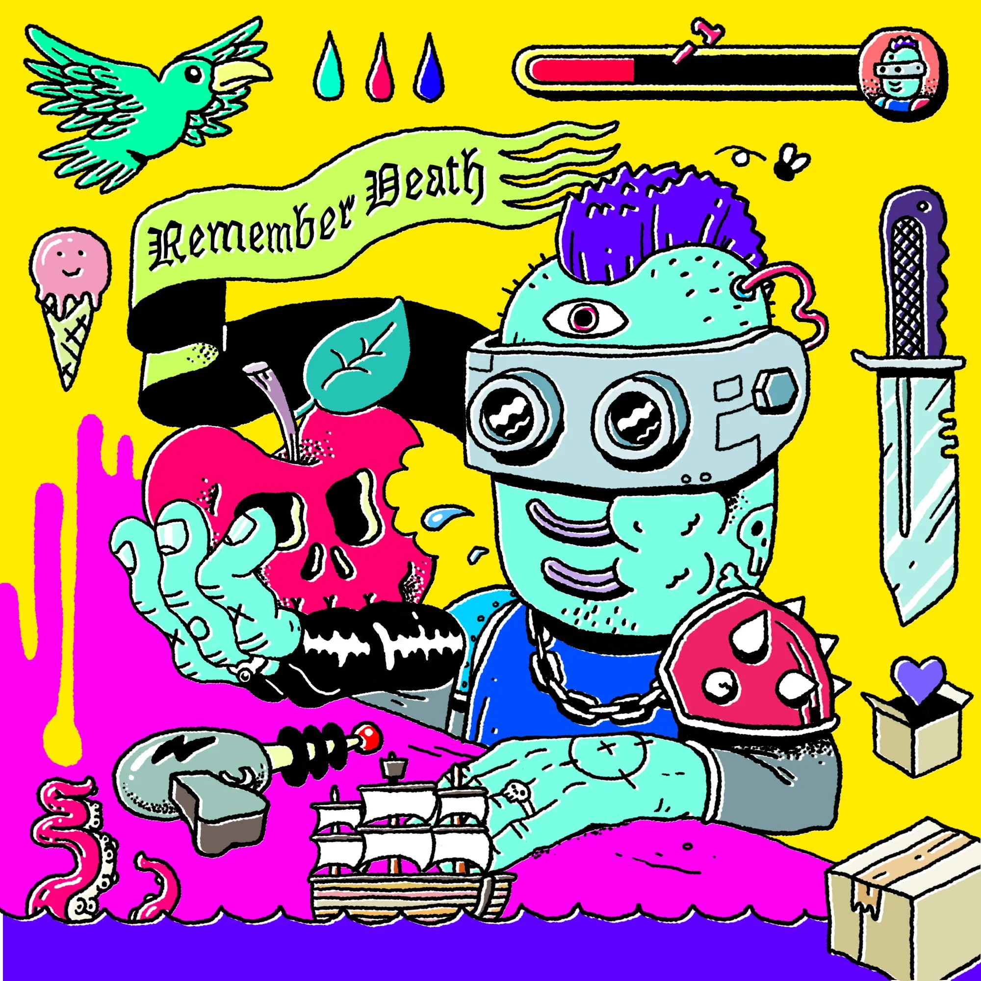 A colorful drawing with the words "Remember Death", featuring a zombie with a purple mohawk and glasses, holding a pink skull, surrounded by various dark and humorous objects like a knife, a broken heart, and a ship. It has a bright yellow background