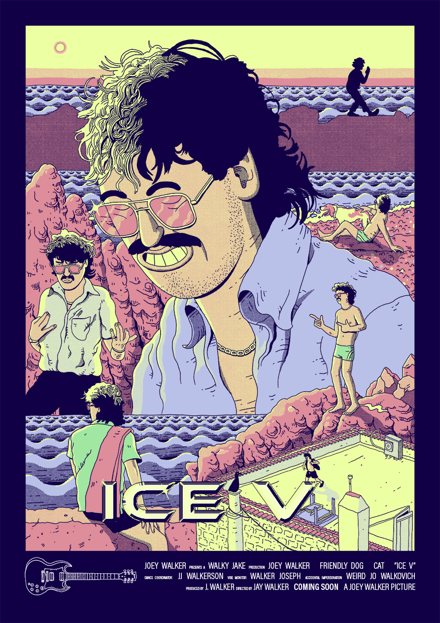 Colorful poster for the movie "Ice V" featuring multiple illustrations of a young man with sunglasses, a mustache, and various scenes including a beach, a swimming pool, and a rooftop with people, with the title "ICE V" prominently displayed.
