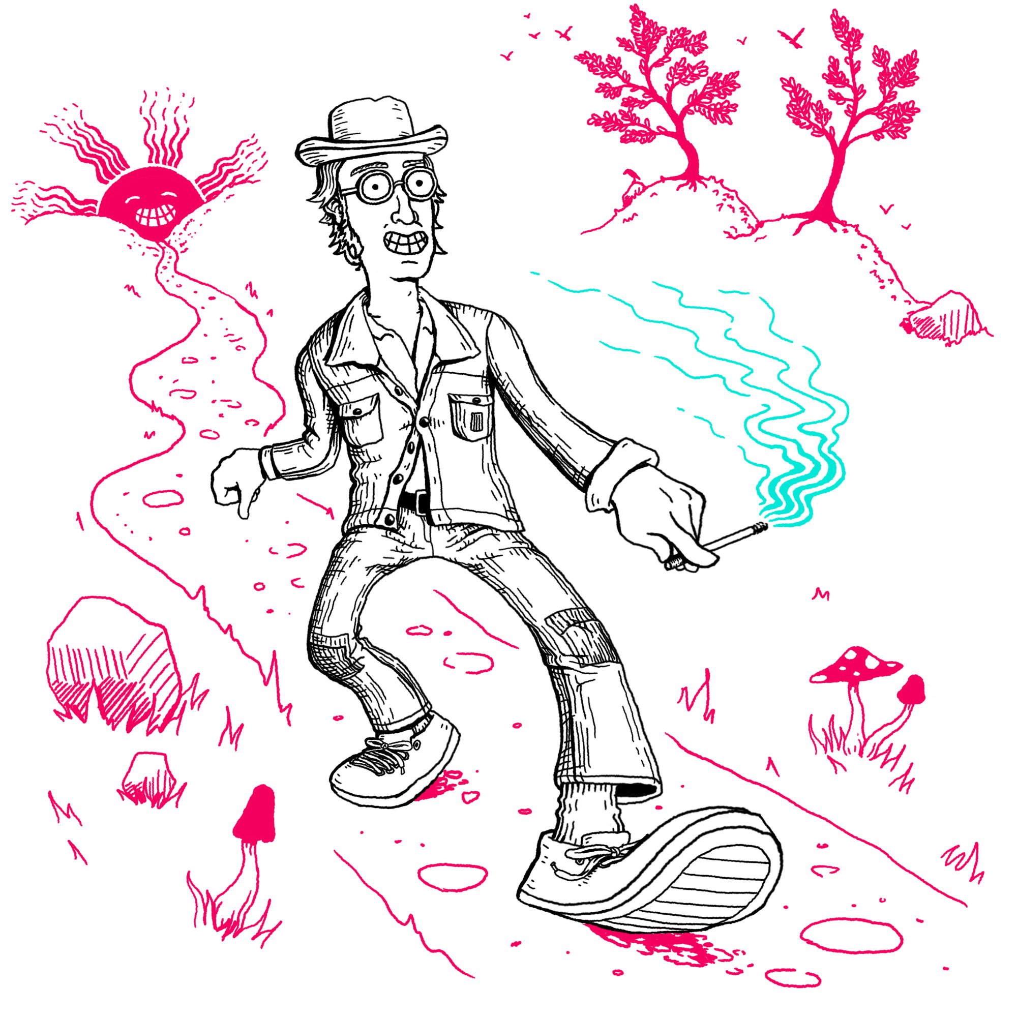 A cartoon drawing of a man walking on a winding path in a whimsical outdoor scene. The man has glasses, a hat, and a jacket, and is smoking a cigarette. The scene includes pink trees, mushrooms, rocks, a cheerful sun, birds, and a stream.
