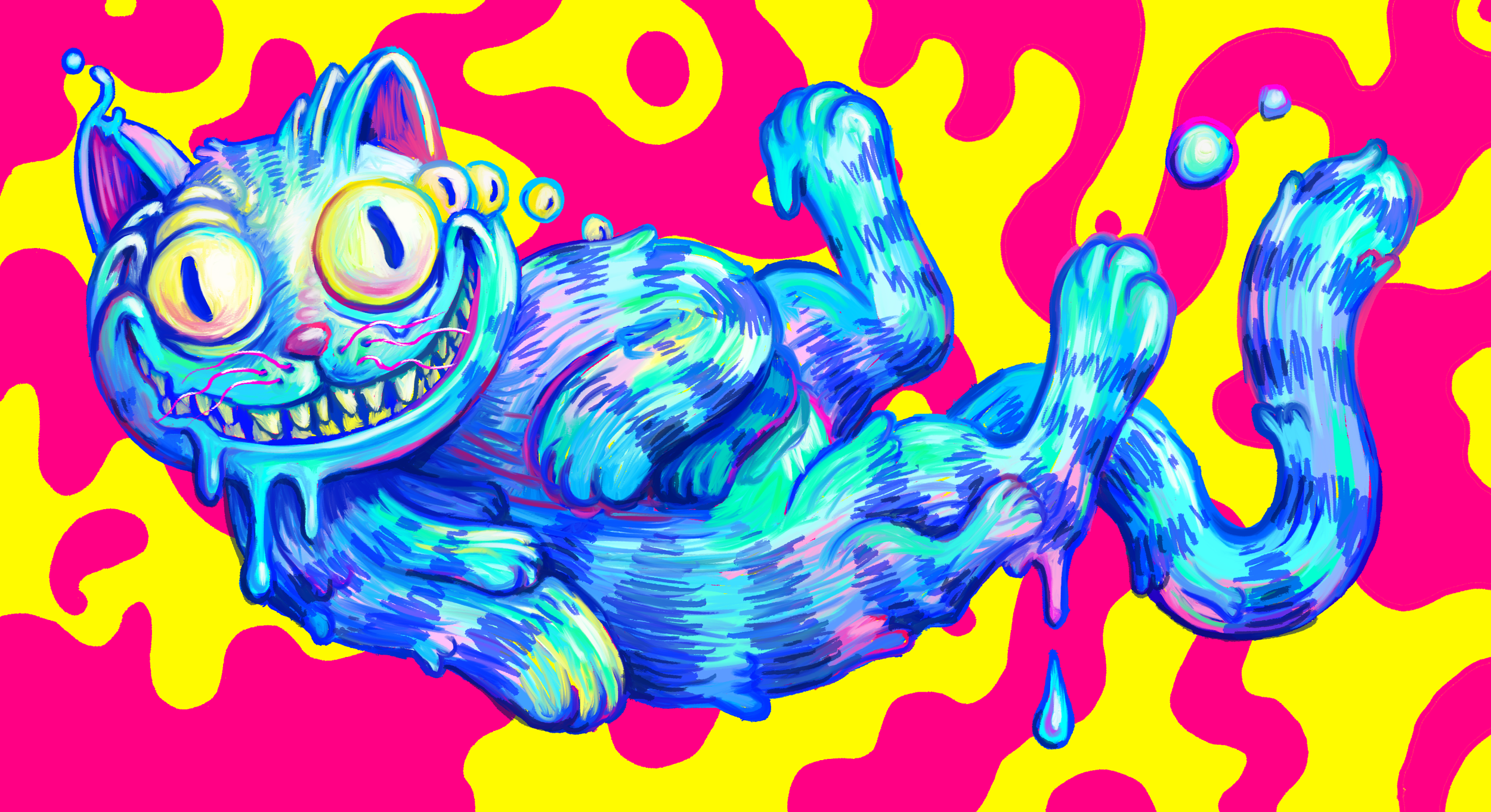 A colorful cartoon-style illustration of a cat with exaggerated features, including big, bulging eyes with a yellow hue, a wide toothy smile, and a dripping liquid appearance. The cat is lying on its back, with limbs and tail in a relaxed pose. The b