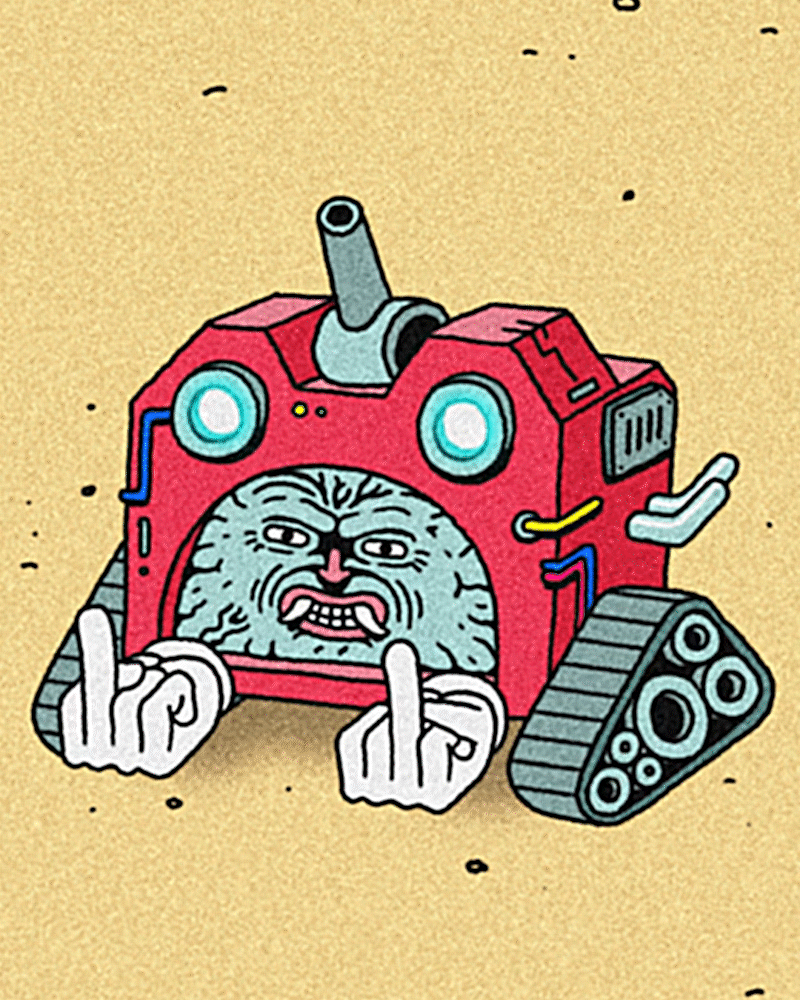 Cartoon illustration of a red tank with a cat face showing anger, with its tongue out and middle fingers raised.