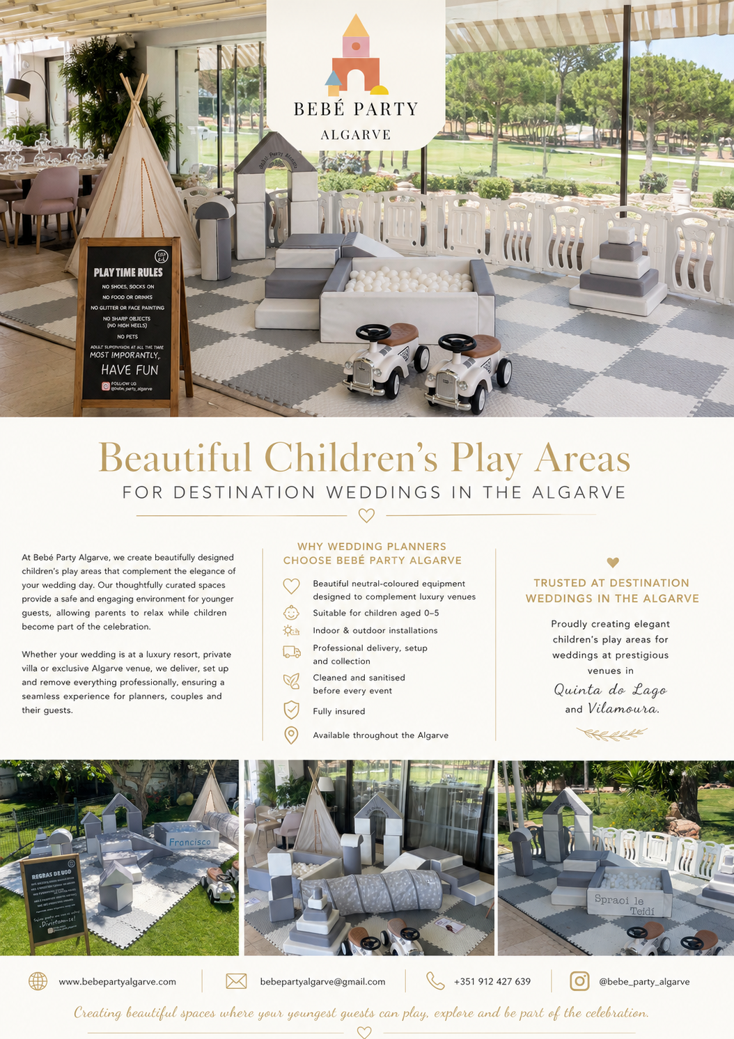 Children's indoor play area with a teepee, ball pit, toy cars, and informational signage for a children's play space at a wedding venue.