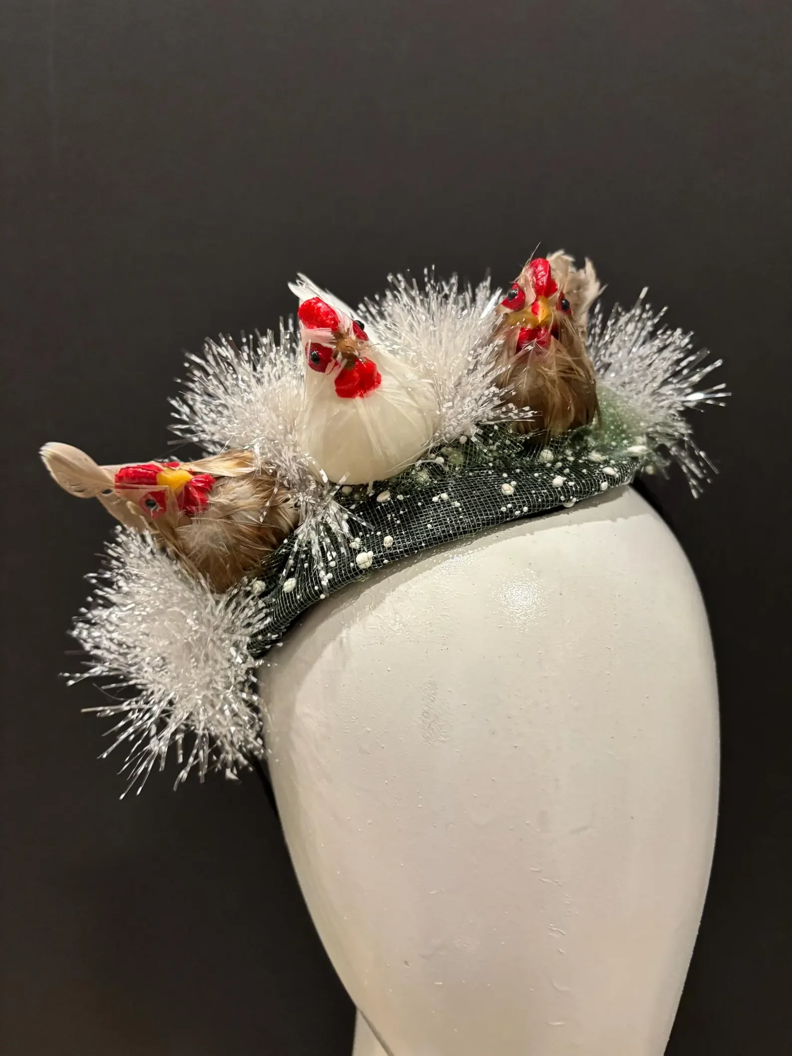 Dora Marra creation, of three french hens, from the historic holiday song. custom creations beyond your imagination 