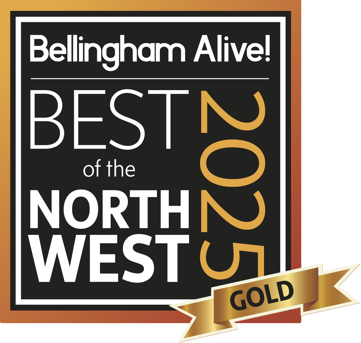 A graphic celebrating Bellingham as the best northwest town in 2023, with a black background, white text, and a gold ribbon labeled "GOLD".