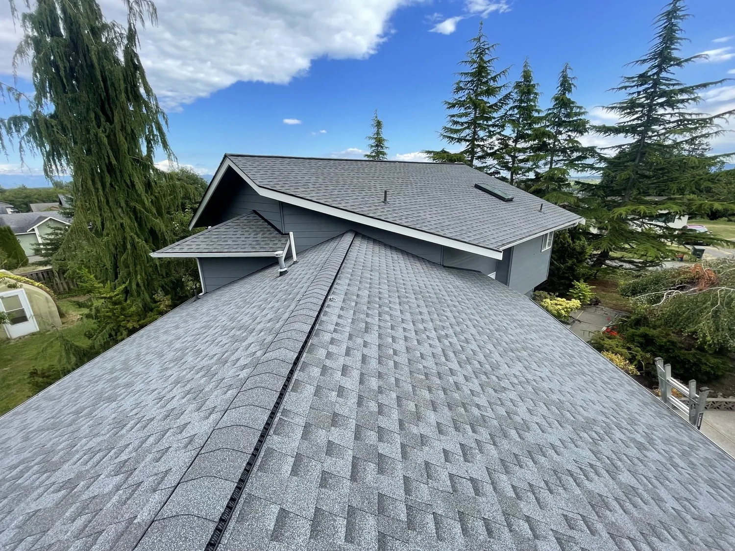 New gray shingle roof with ridge cap surrounded by tall evergreens