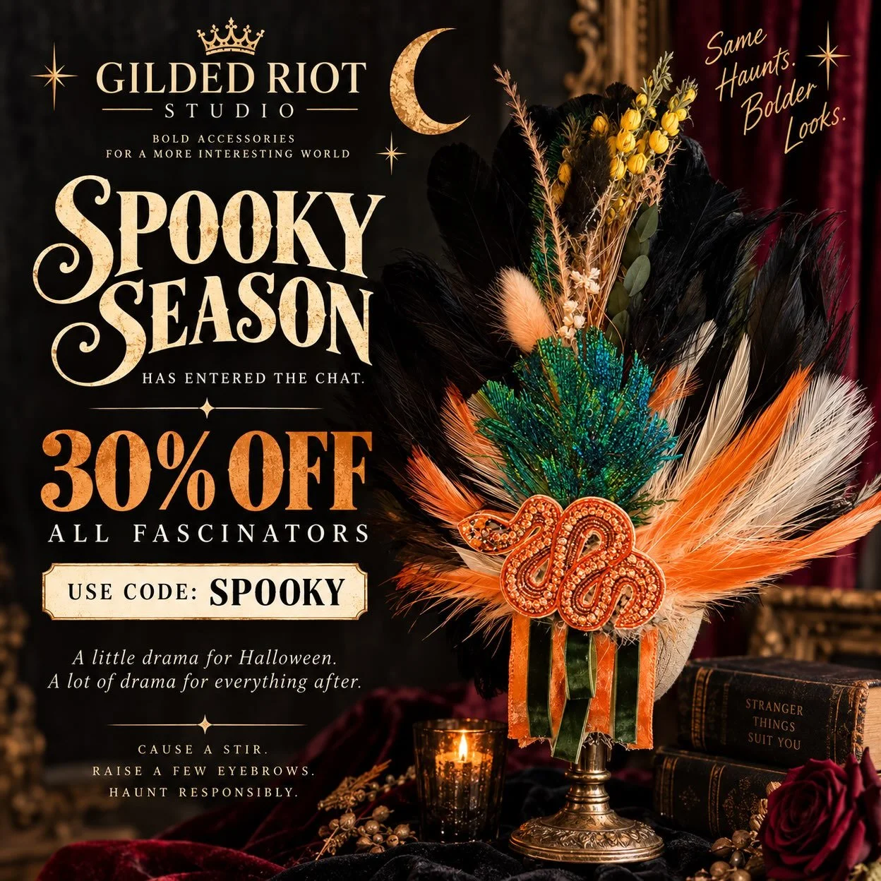 SPOOKY SEASON HAS ENTERED THE CHAT. 🖤
Halloween: the one time of year when everyone else finally catches up to our dress code.
So we&rsquo;re celebrating accordingly.
30% OFF ALL FASCINATORS
Use code SPOOKY at checkout.
Wear one with a costume.
Wear
