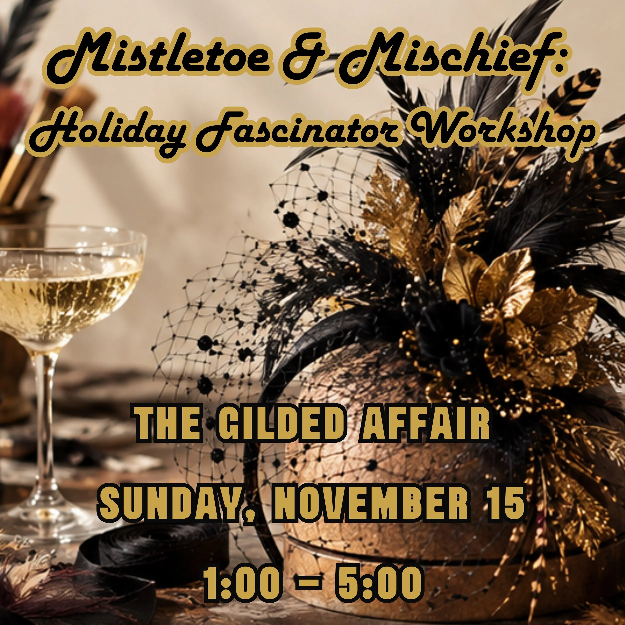 A little mistletoe. A little mischief. A whole lot of fabulous. ✨
The holidays are getting a Gilded Riot makeover, and you&rsquo;re invited.
Join us for MISTLETOE &amp; MISCHIEF, a hands-on holiday fascinator workshop where feathers fly, creativity r