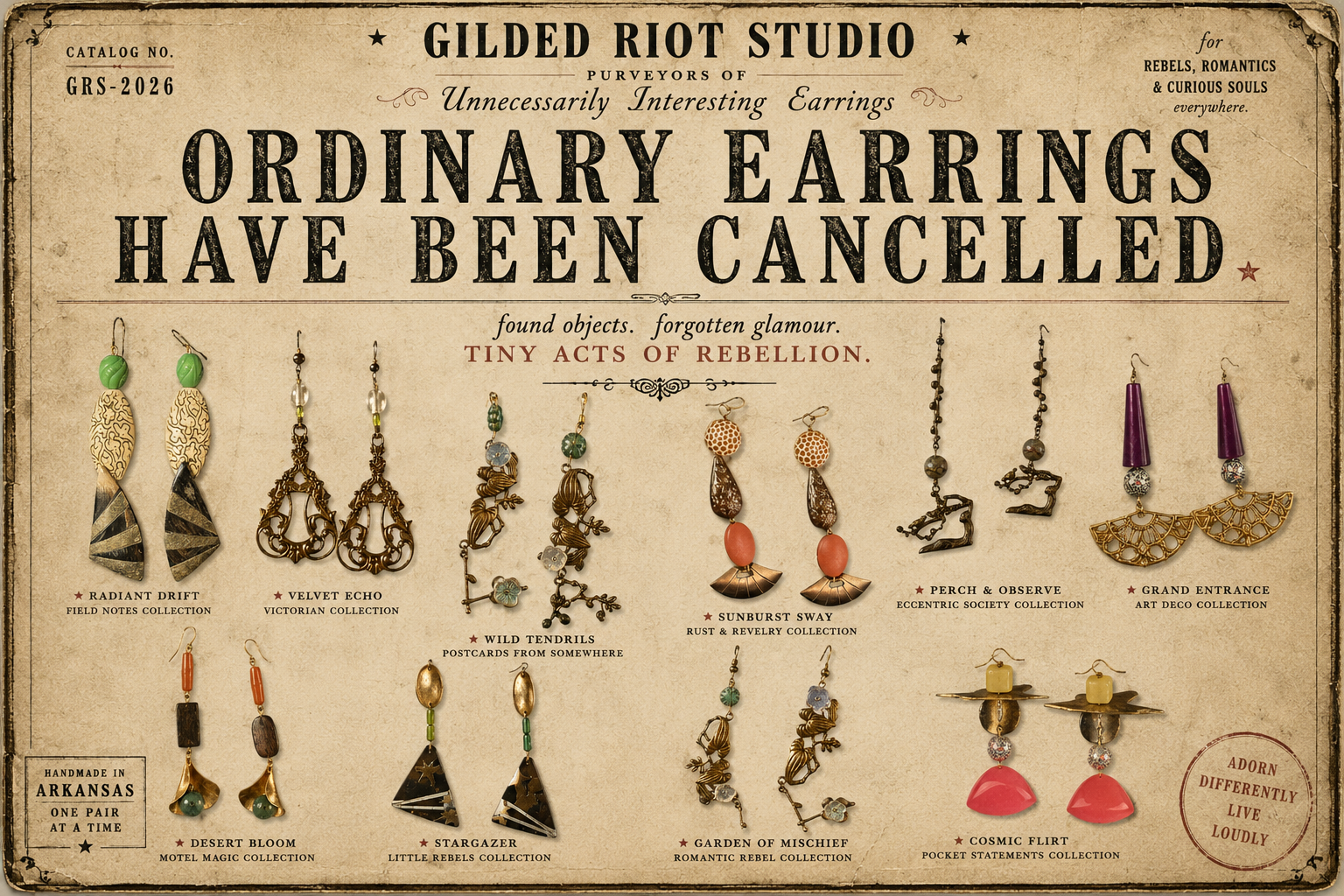 Vintage-style poster from Gilded Riot Studio announcing that ordinary earrings have been canceled, featuring various styles of earrings with their collection names and themes, such as Radiant Drift, Velvet Echo, Wild Tendrils, and more, each arranged in rows with detailed descriptions.