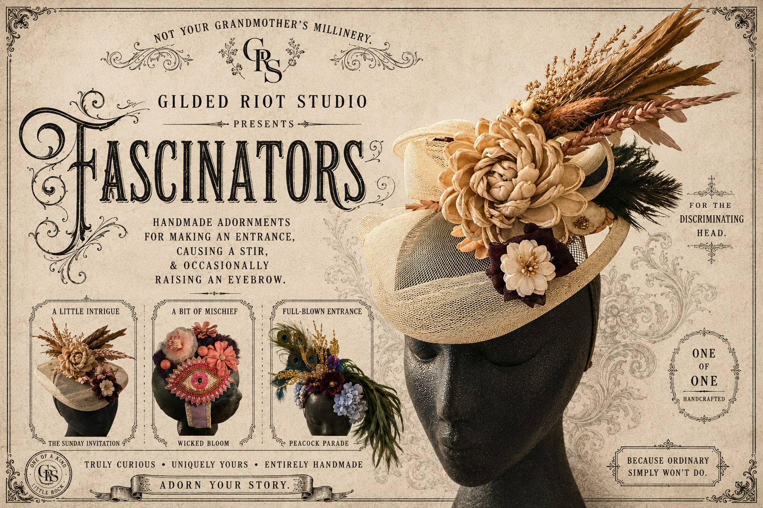 Vintage-style poster advertising handmade millinery fascinators with decorative hats featuring flowers, feathers, and intricate details, from Gilded Riot Studio.
