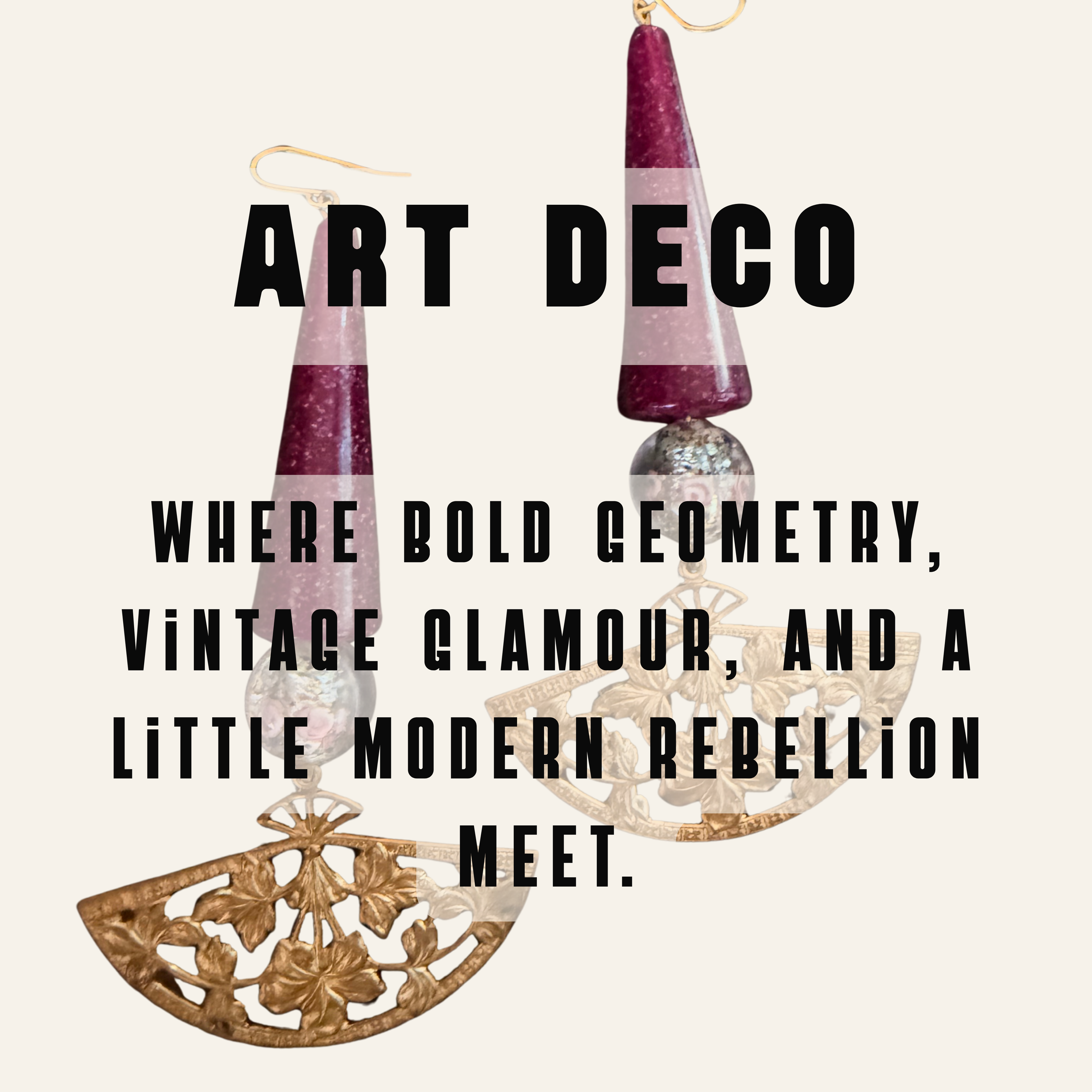 Image featuring a photo of a purple and gold vintage set of earrings in the art deco style.