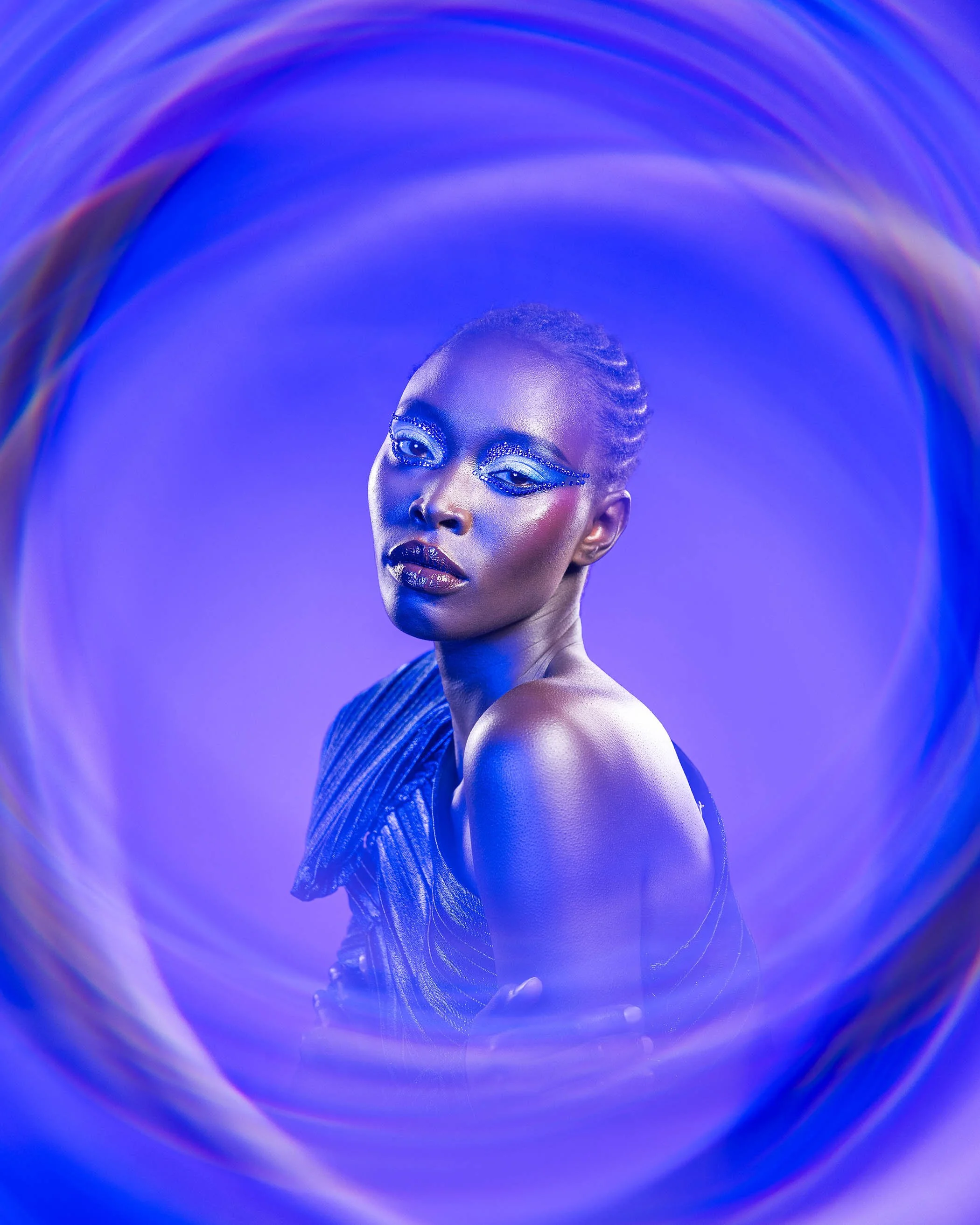 Creative portrait using halo filter with soft purple glow effect