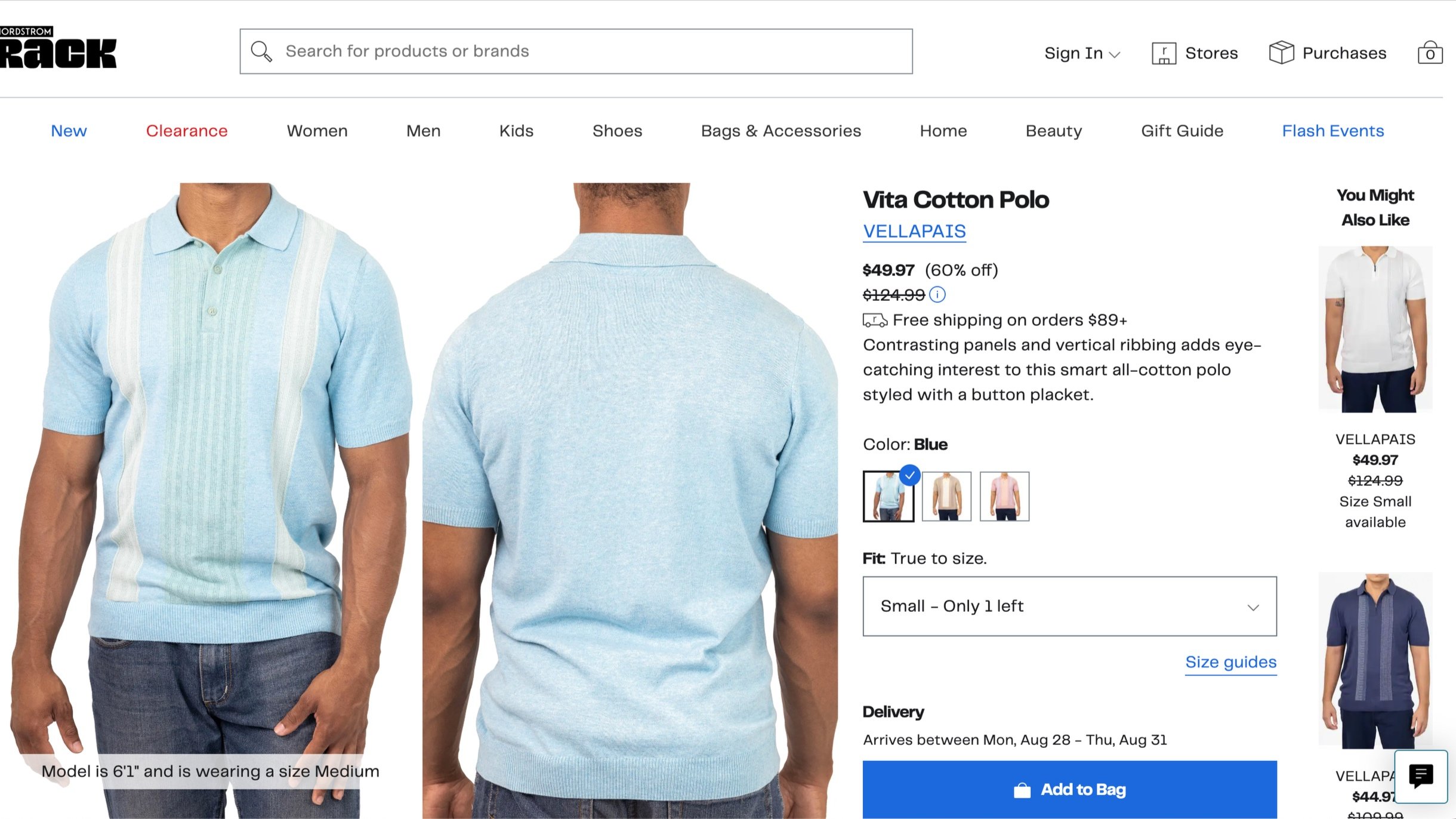 Online product listing for a blue Vita Cotton Polo shirt by Vellapais on Nordstrom Rack, showing front and back views. Description includes details about pricing, size, and fit, with options for ordering and delivery information.