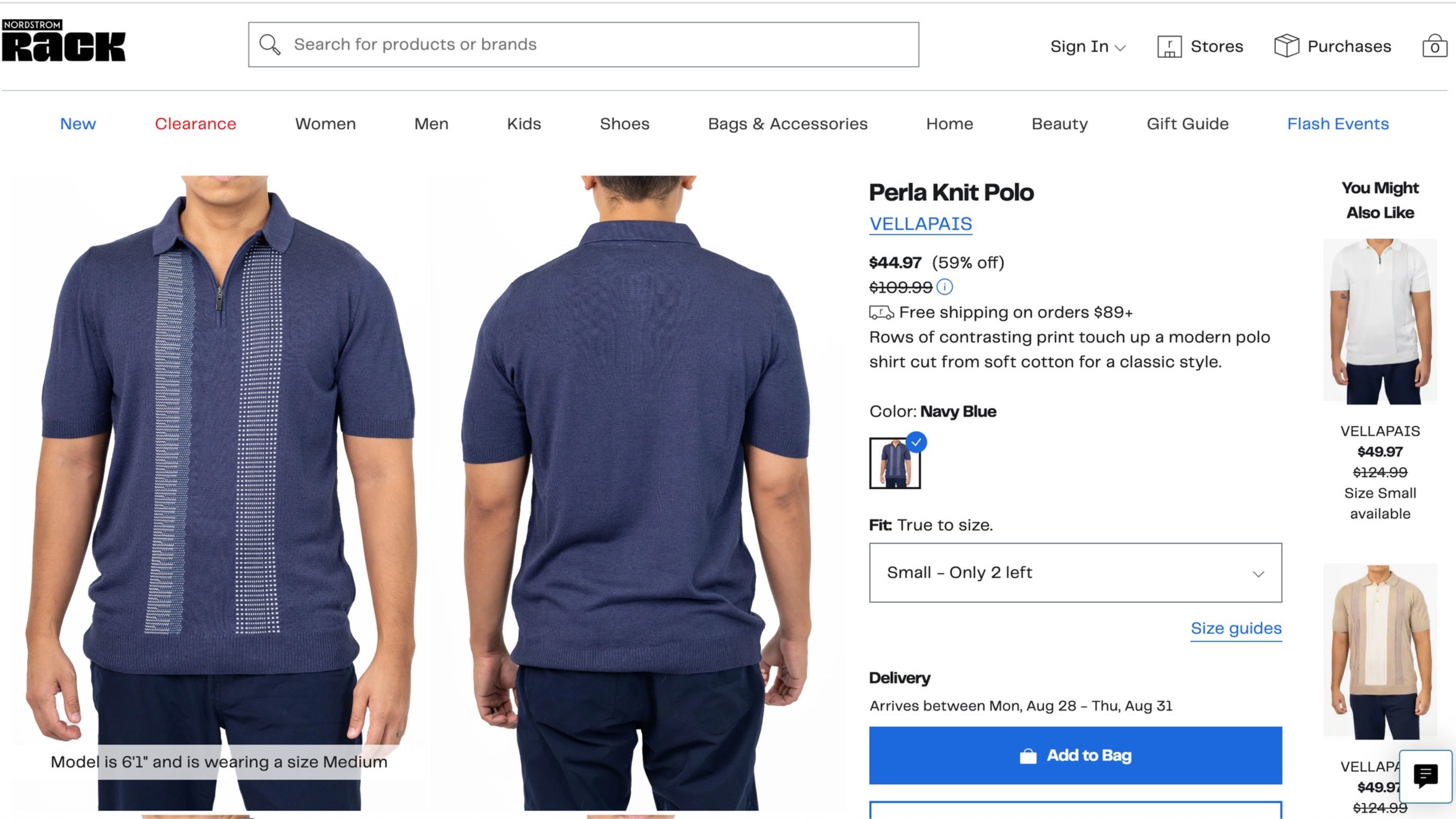 Online product listing for a Perla Knit Polo by Vellapais in navy blue, shown from front and back. Features pricing details and purchasing options on Nordstrom Rack.
