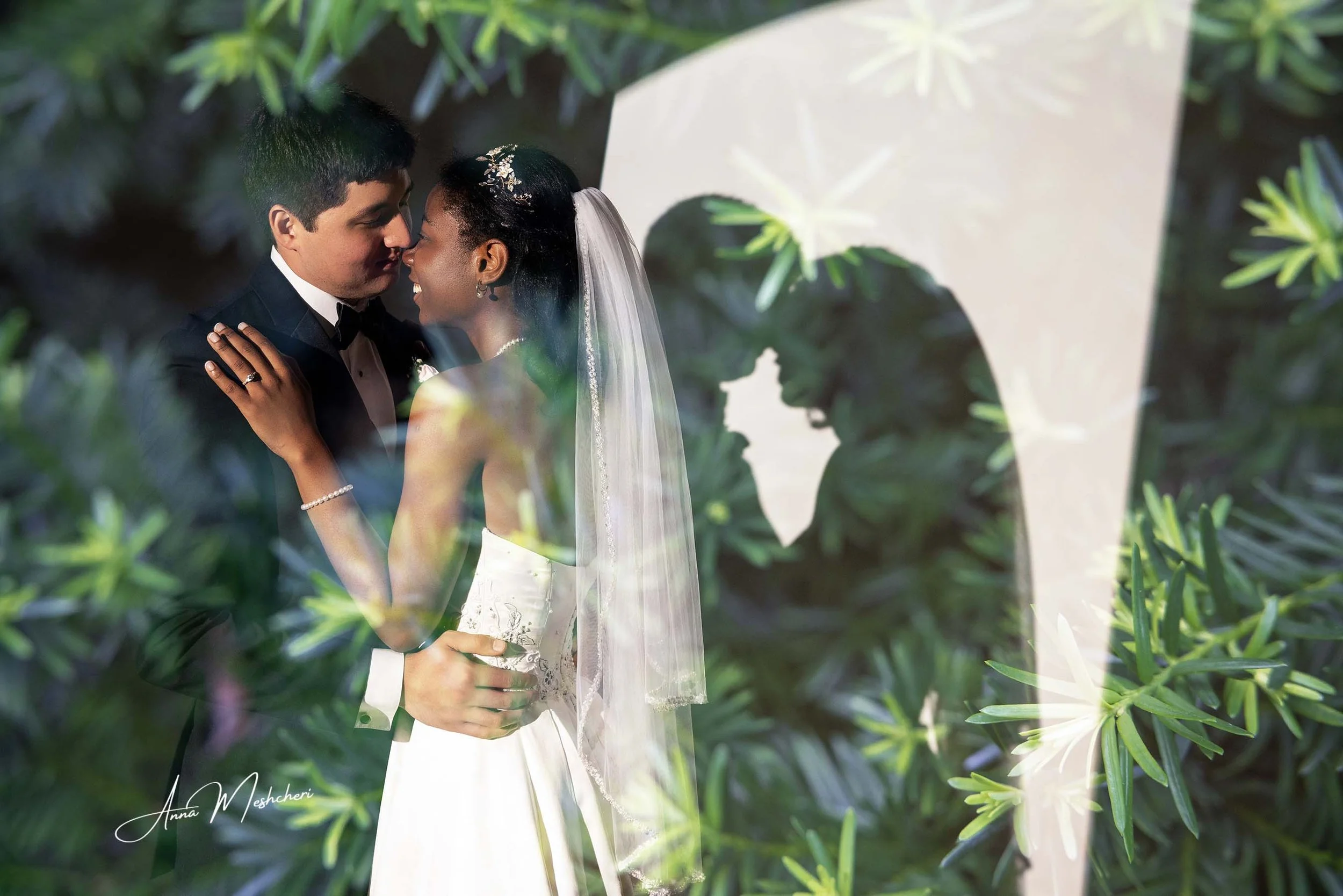 Wedding Couple Double Exposure with Pine Branches