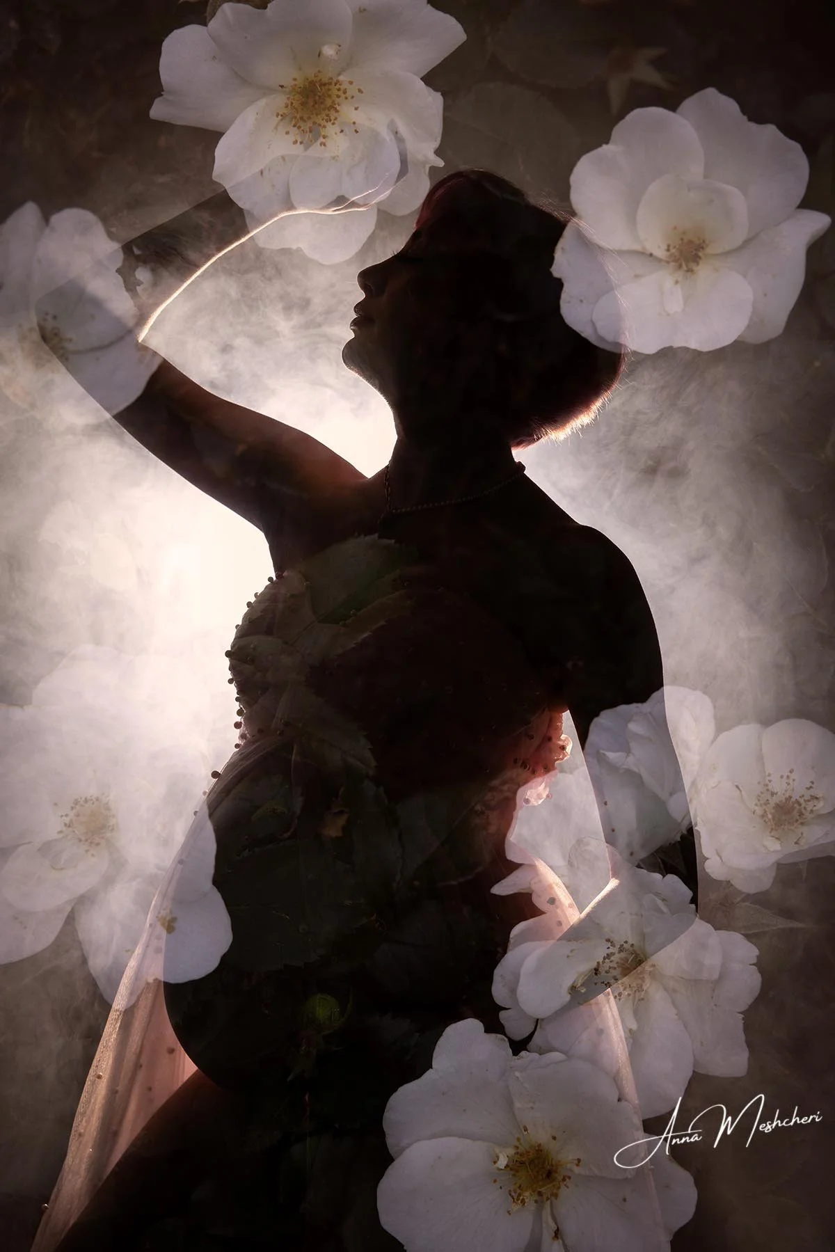 Maternity Double Exposure with White Roses
