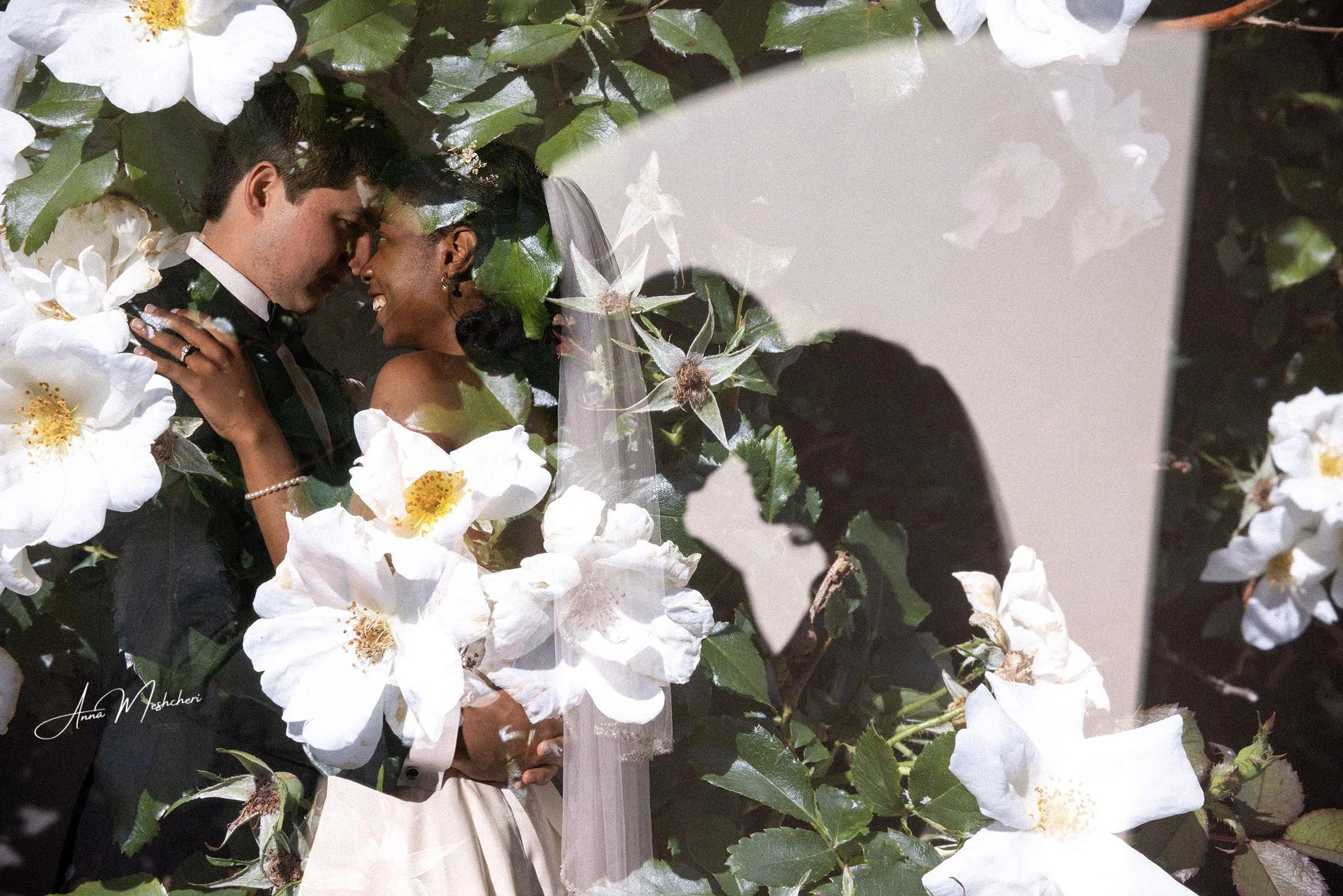 Wedding Couple Double Exposure with White Flowers
