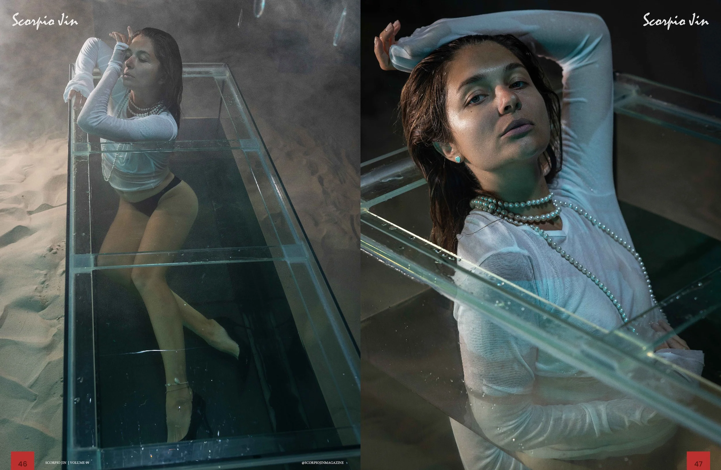 Editorial fashion photoshoot with aquarium concept, captured in a professional studio setting