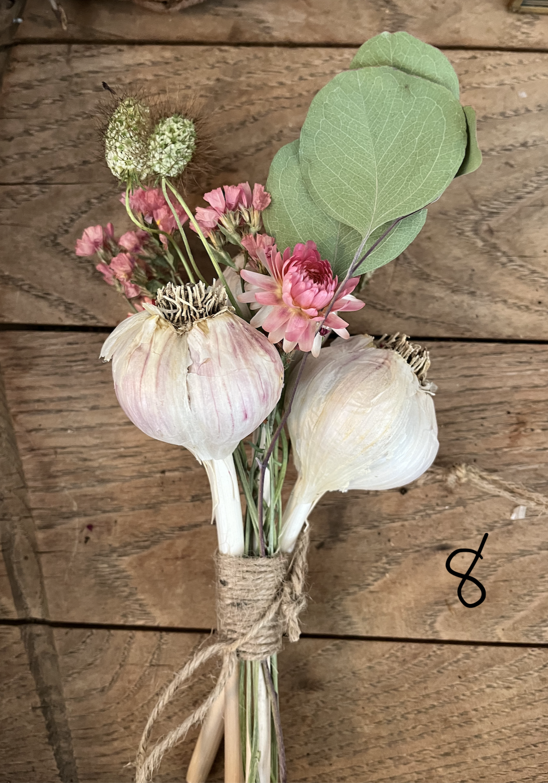 Garlic Bouquet 8-eucalyptus, pink strawflower, pink static, scabiosa seedhead.png