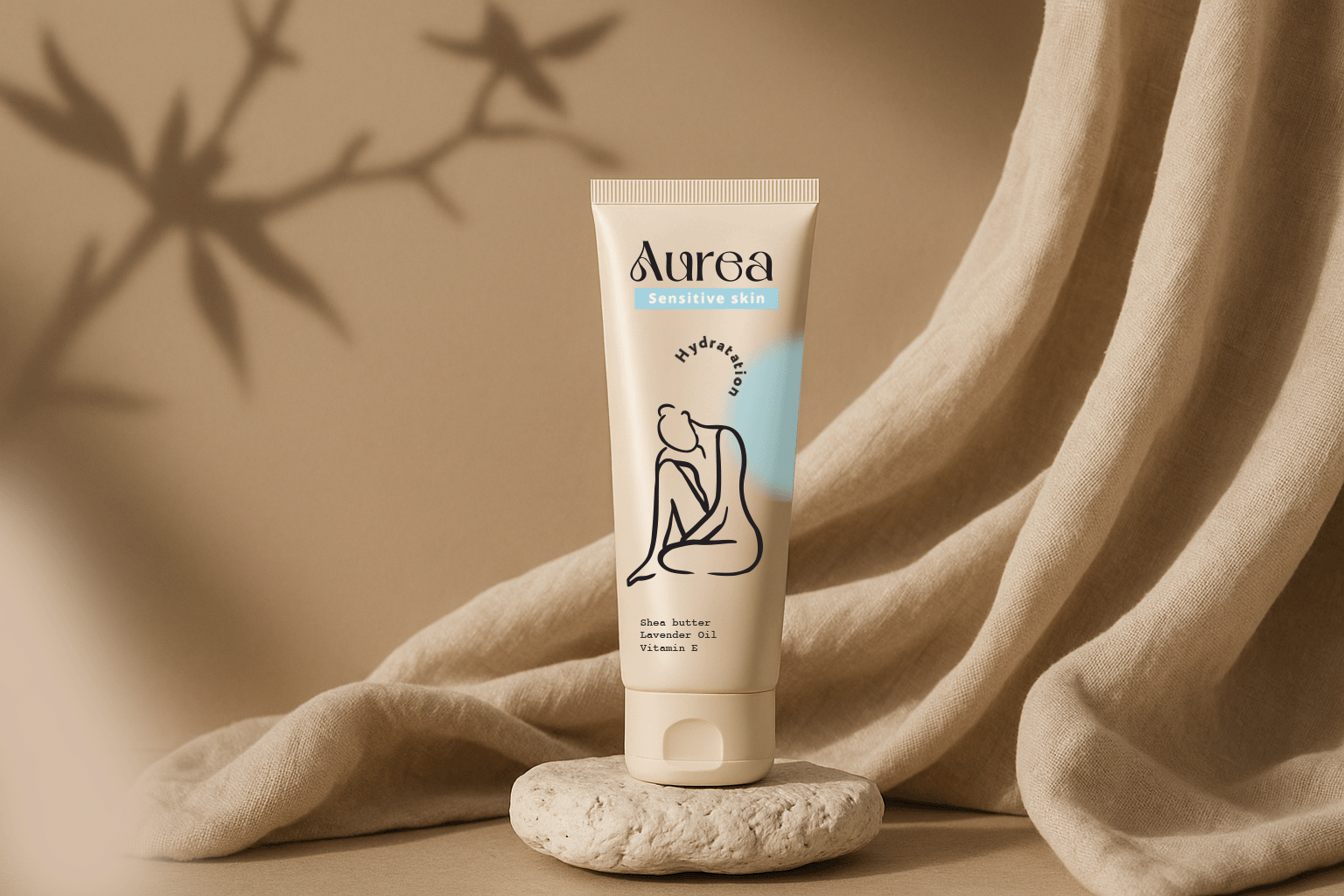 A tube of Aura Sensitive Skin Hydration cream with shea butter, lavender oil, and vitamin E, placed on a textured stone with beige fabric and blurred plant in the background.