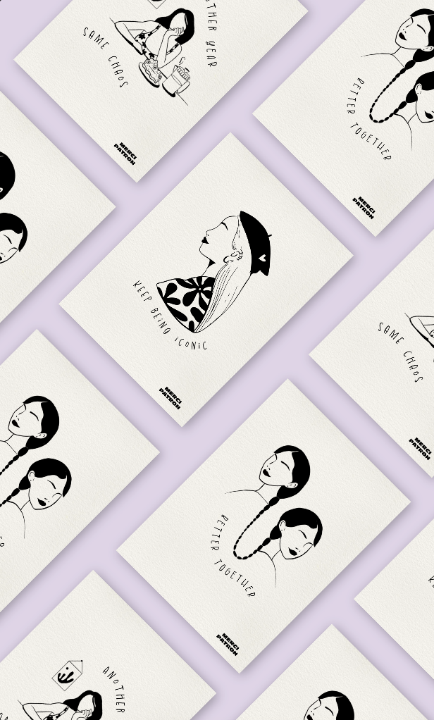 Multiple illustrated portraits of women with braided hair, each accompanied by a phrase such as "Keep being iconic," "Other shark," or "Partner together." The portraits are in black and white with minimalistic line art on white textured backgrounds.