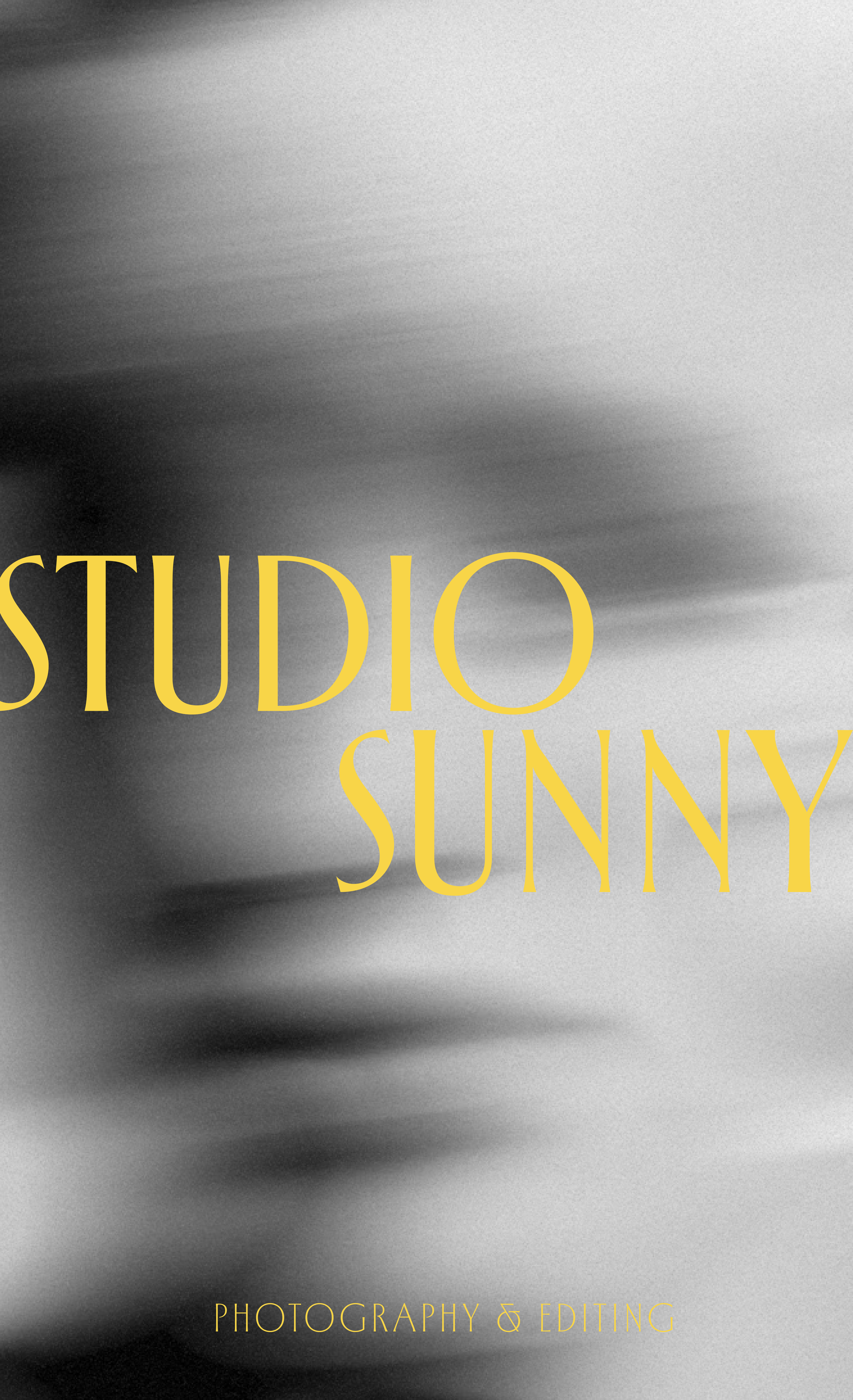 A grayscale abstract photo with blurred lines and shapes, with yellow text that reads 'STUDIO SUNNY' and smaller text below that says 'PHOTOGRAPHY & EDITING'.