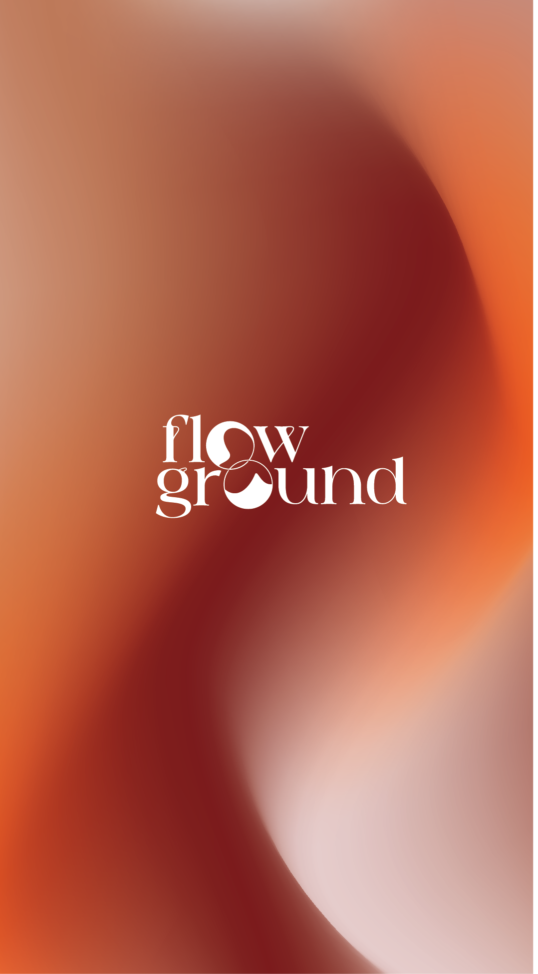 Abstract blurred background with warm orange, red, and beige tones, featuring the white text logo 'flow ground' in the center.