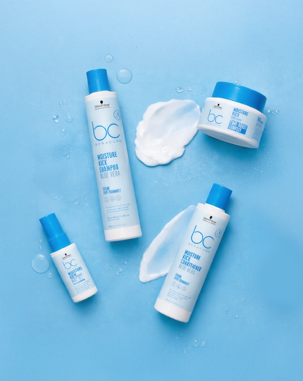 Collection of BC Bonacure Moisture Kick hair care products on a blue background, including shampoo, conditioner, and leave-in treatment with water droplets and white cream streaks.