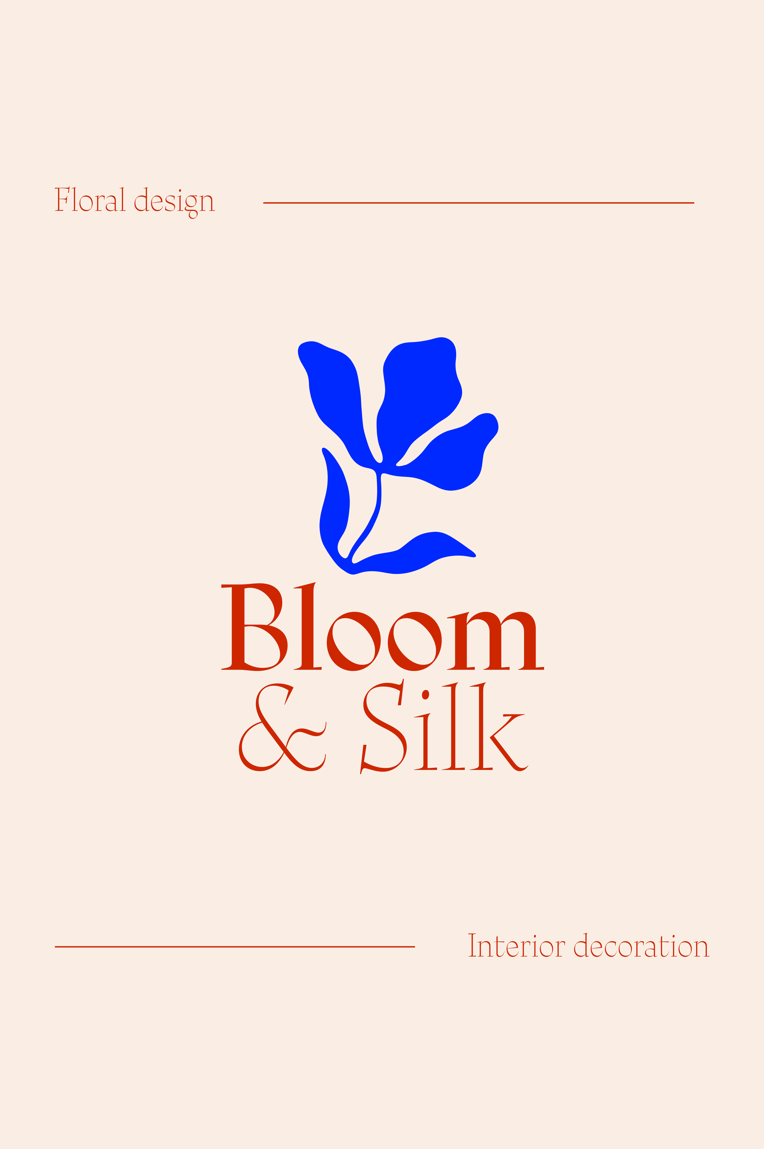 Design for interior decoration featuring a blue floral illustration and red text that reads 'Bloom & Silk' with smaller phrases 'Floral design' on top left and 'Interior decoration' on bottom right.
