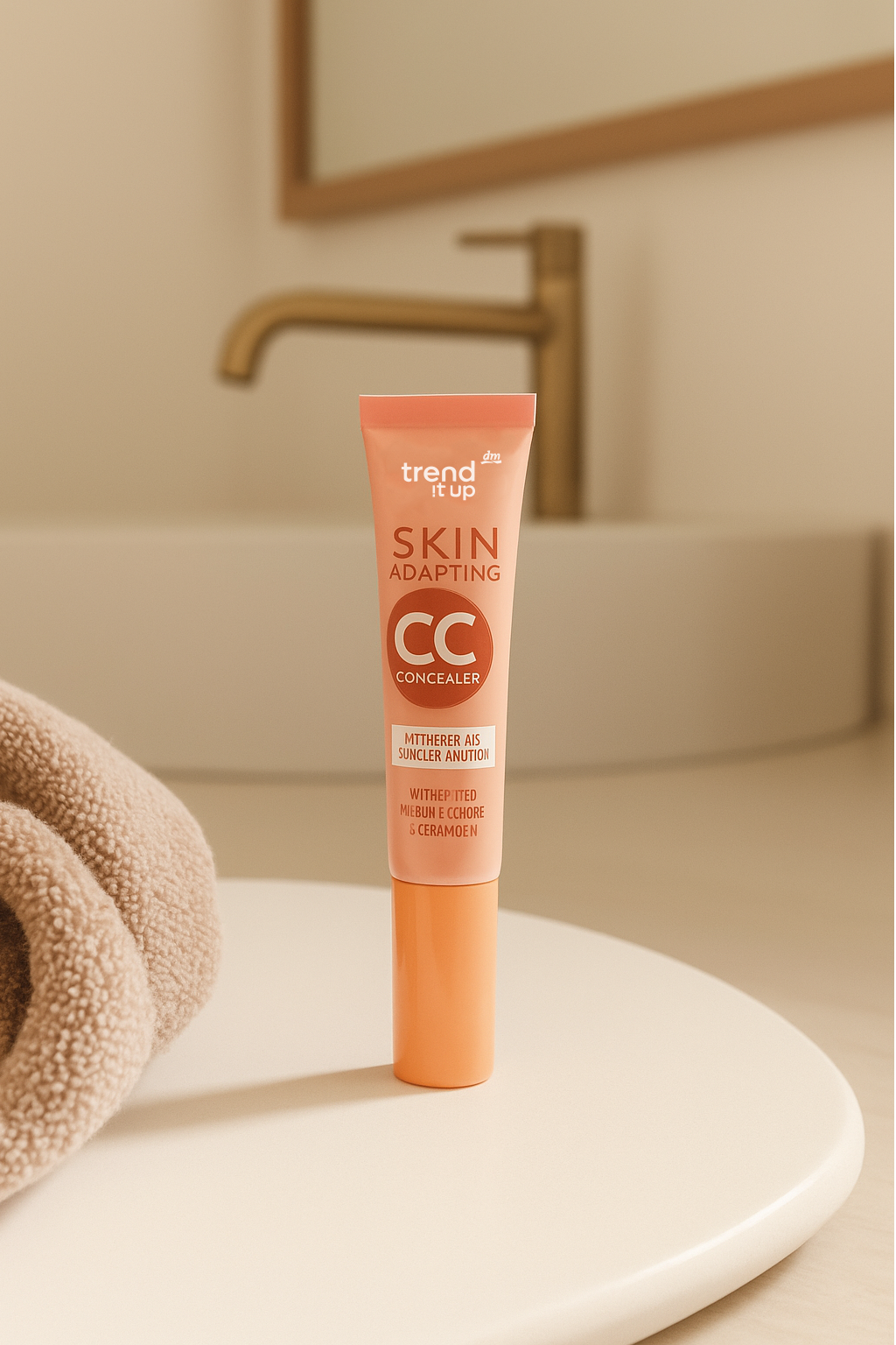 A tube of skin adapting CC concealer placed on a white surface with a beige towel to the left. In the background, a wall, a mirror, and a gold-colored faucet are visible.