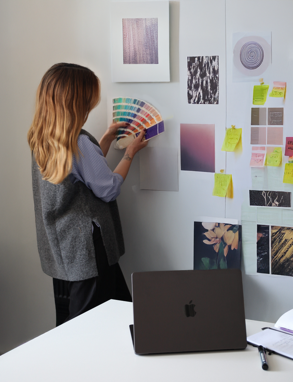 Woman with long, wavy blonde hair looking at color samples on a wall filled with various color swatches and images, in an office or creative workspace.