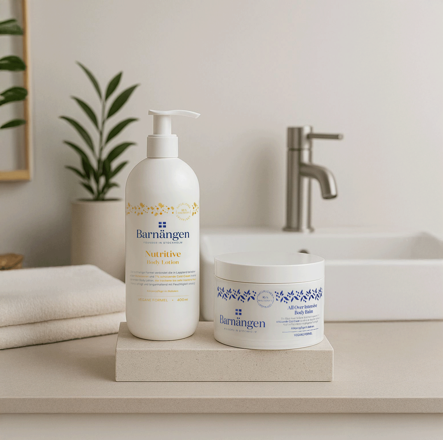 Collection of skincare and body care products on a cream-colored surface, with two potted green plants in the background.