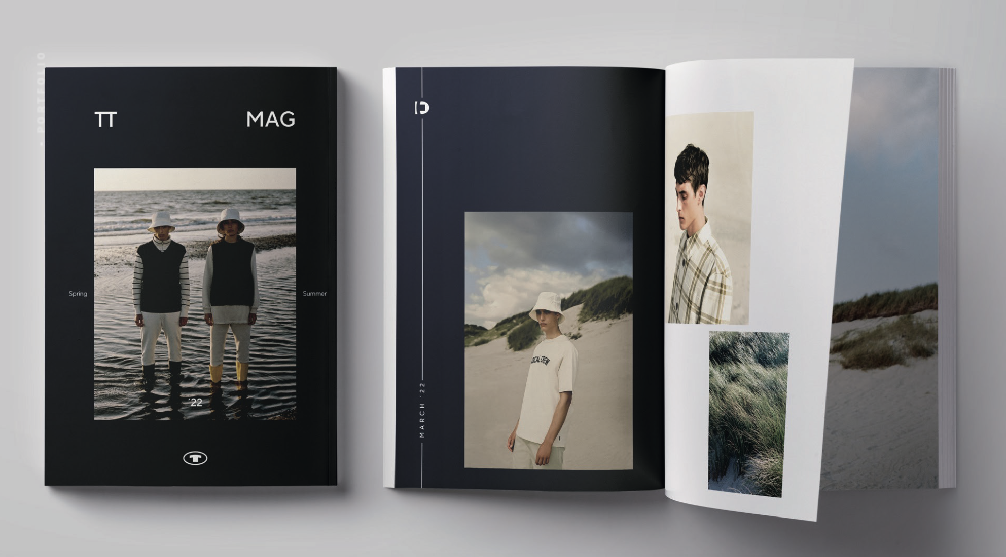 Open magazine displaying fashion photography of models at the beach with handwritten-style text and minimal design elements.