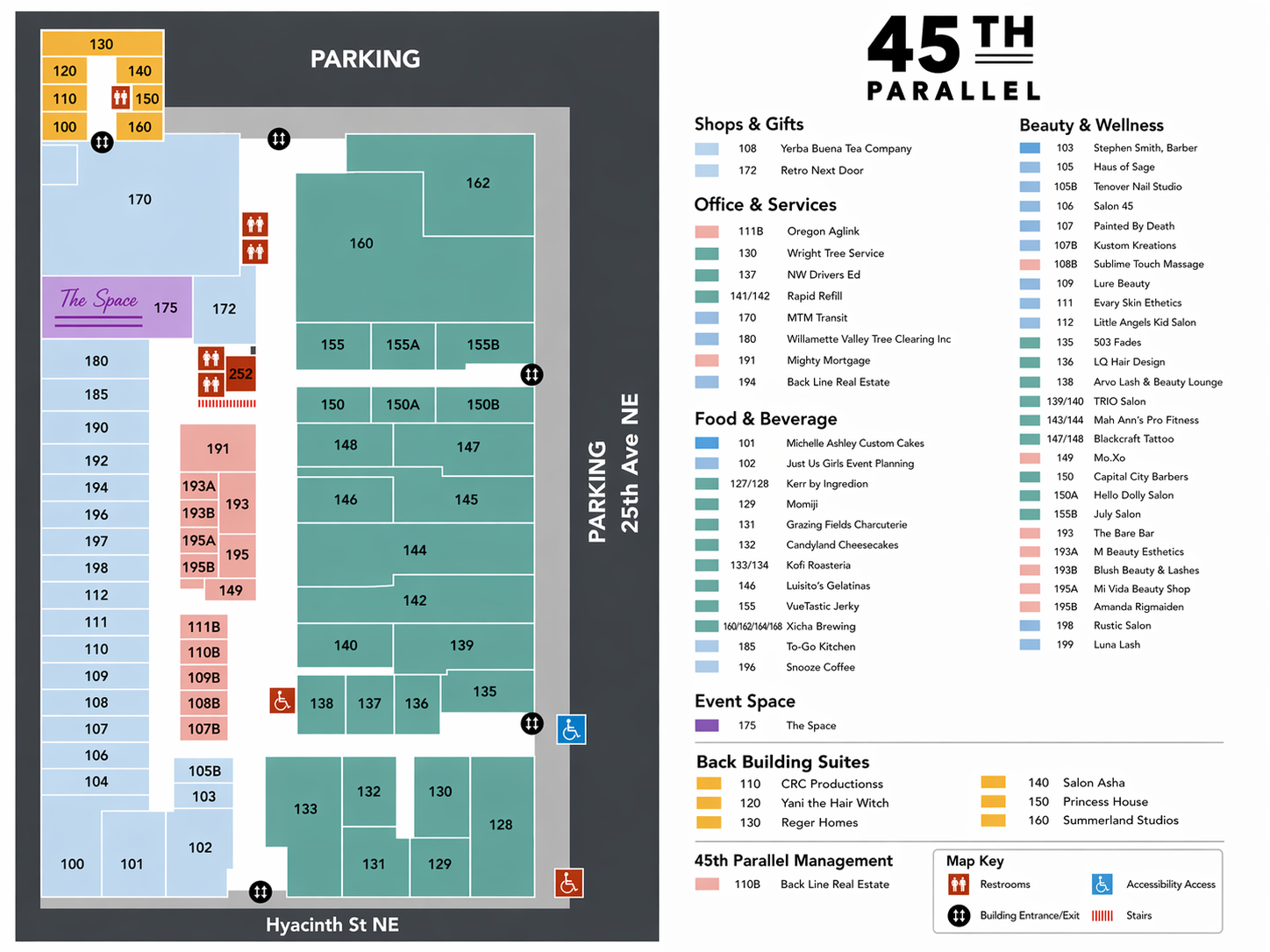 A detailed directory map of the 45th Parallel shopping center showing store locations, parking, restrooms, accessibility access, and building entrances/exits.
