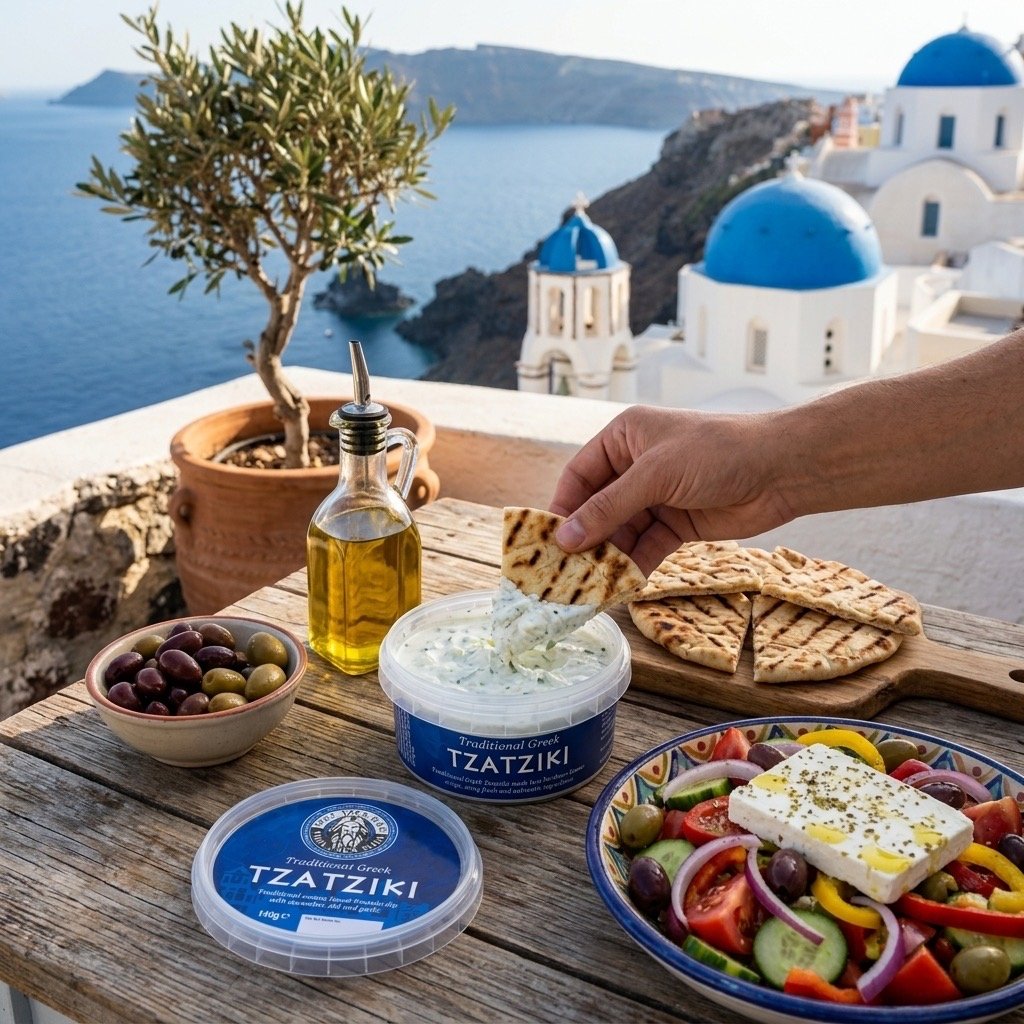 A picturesque outdoor dining scene on a wooden table overlooking the ocean and white buildings with blue domes in Santorini, Greece. The table has a bowl of Greek salad topped with feta cheese, a container of tzatziki, flatbread, black and green olives, a bottle of olive oil, and a hand dipping a piece of flatbread into the tzatziki. A potted plant is in the background.