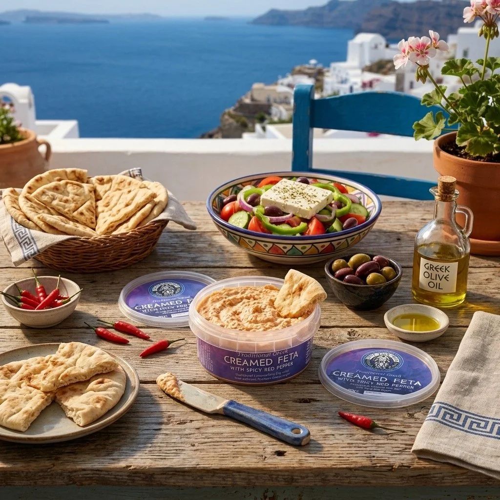 A table set with Greek food dishes, including pita bread, a Greek salad with feta cheese, creamed feta, Kalamata olives, chili peppers, olive oil, and Greek olive oil, with a scenic view of the sea and white buildings in the background.