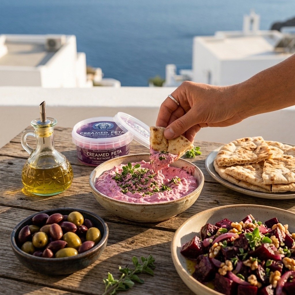 A scenic outdoor table with a Mediterranean view, featuring bowls of pink creamed feta with herbs, a dish of roasted beet salad garnished with greens, a plate of flatbread, a bowl of mixed green and purple olives, a small bottle of olive oil, and a person's hand dipping a piece of flatbread into the feta dip.
