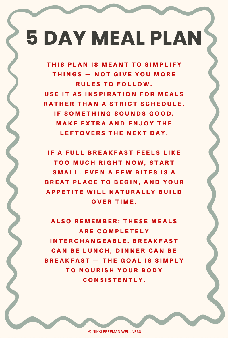 A wellness tip poster titled '5 Day Meal Plan' with guidelines for flexible eating and meal planning, attributed to Nikki Freeman Wellness.