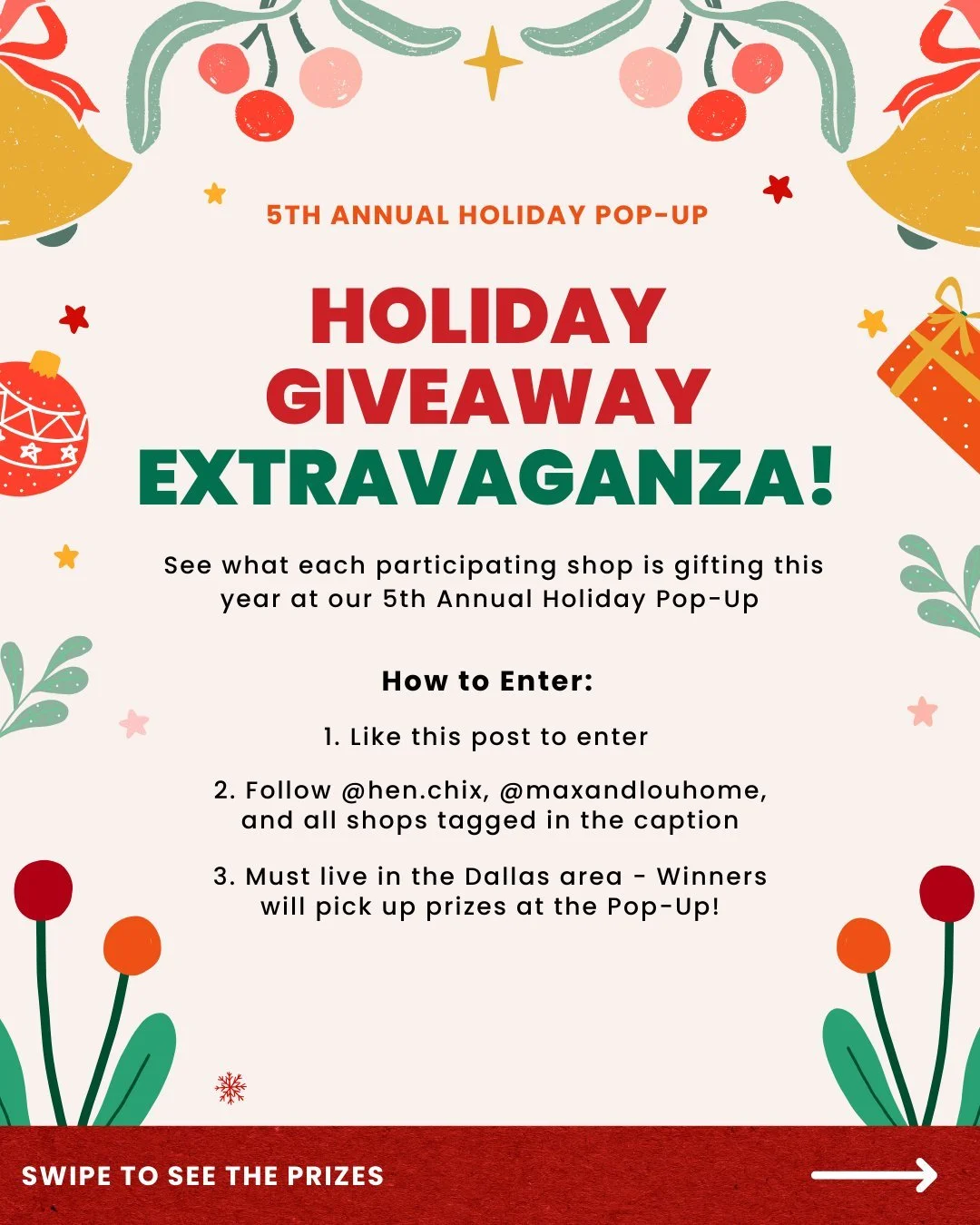 🎁 HOLIDAY GIVEAWAY EXTRAVAGANZA! 🎁

We&rsquo;re celebrating our 5th Annual Holiday Pop-Up with a massive giveaway and every participating shop is bringing a prize you&rsquo;ll actually want to win. From candles to cookies, gift cards to local gems 