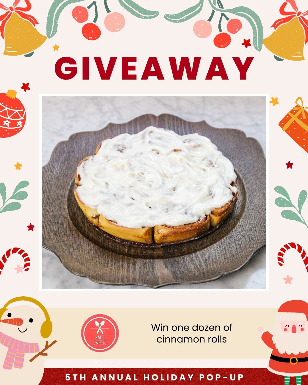 🎁 Salt Sweets Giveaway!

Win one dozen of Salt Sweets&rsquo; ooey-gooey cinnamon rolls!  Fresh-baked, melt-in-your-mouth, and guaranteed to be devoured before the day&rsquo;s over. 🤤

We&rsquo;re celebrating the 5th Annual Holiday Pop-Up, and this 