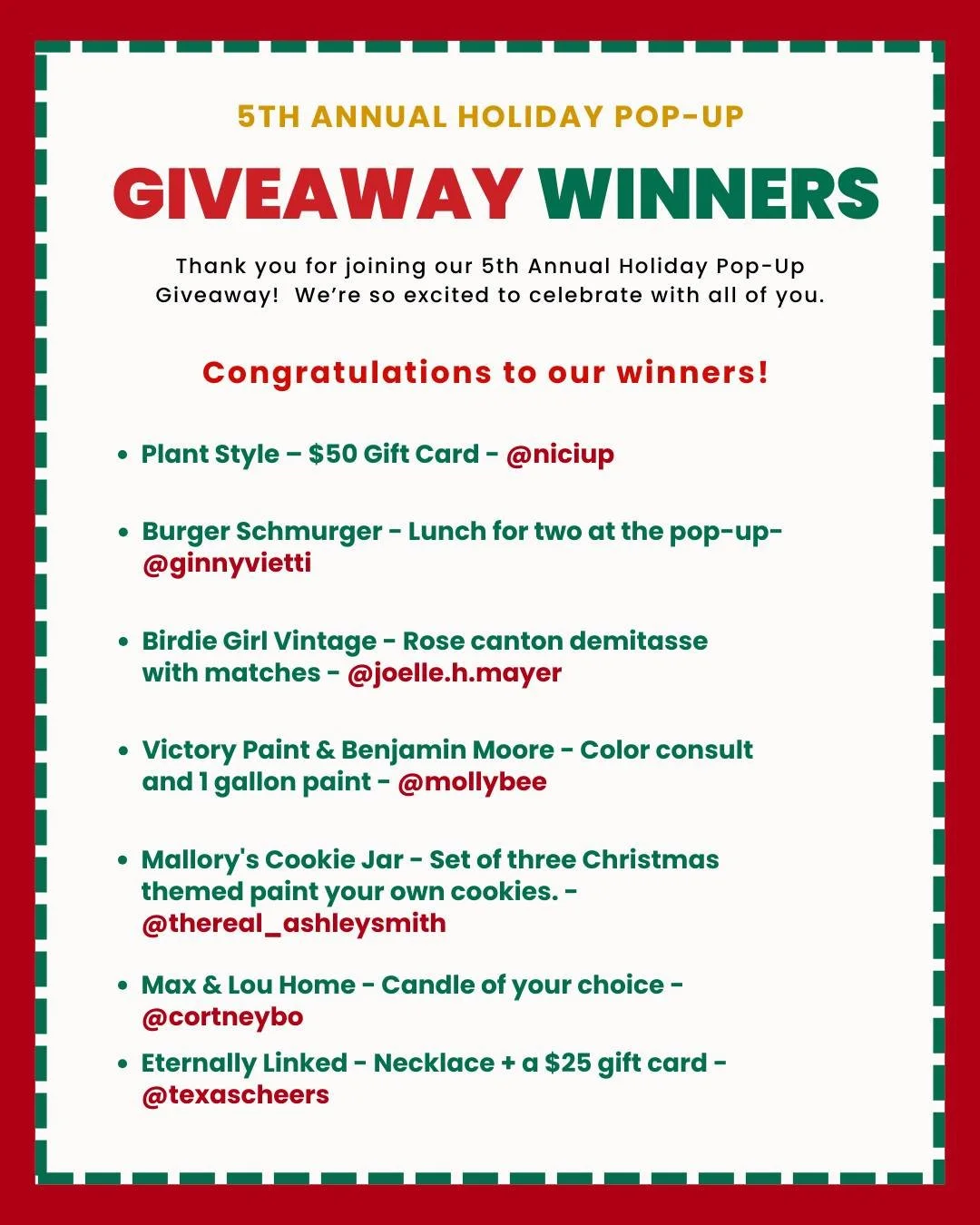 🎉 GIVEAWAY WINNERS ANNOUNCED! 🎉

A huge thank you to everyone who entered and showed love for our 5th Annual Holiday Pop-Up Giveaway Extravaganza! 💛

We&rsquo;re blown away by the support for our local shops and now it&rsquo;s time to announce the
