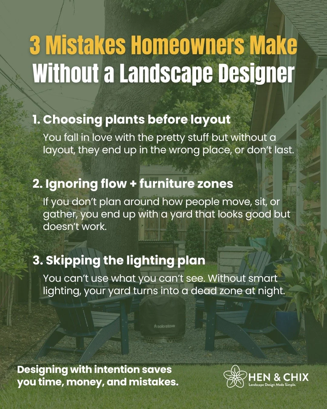 Here&rsquo;s what we see all the time in DIY landscapes:

❌ Plants chosen first, without thinking about layout.
❌ No clear zones for sitting, dining, or play.
❌ Great-looking yards that disappear after sunset because there&rsquo;s zero lighting.

Sou