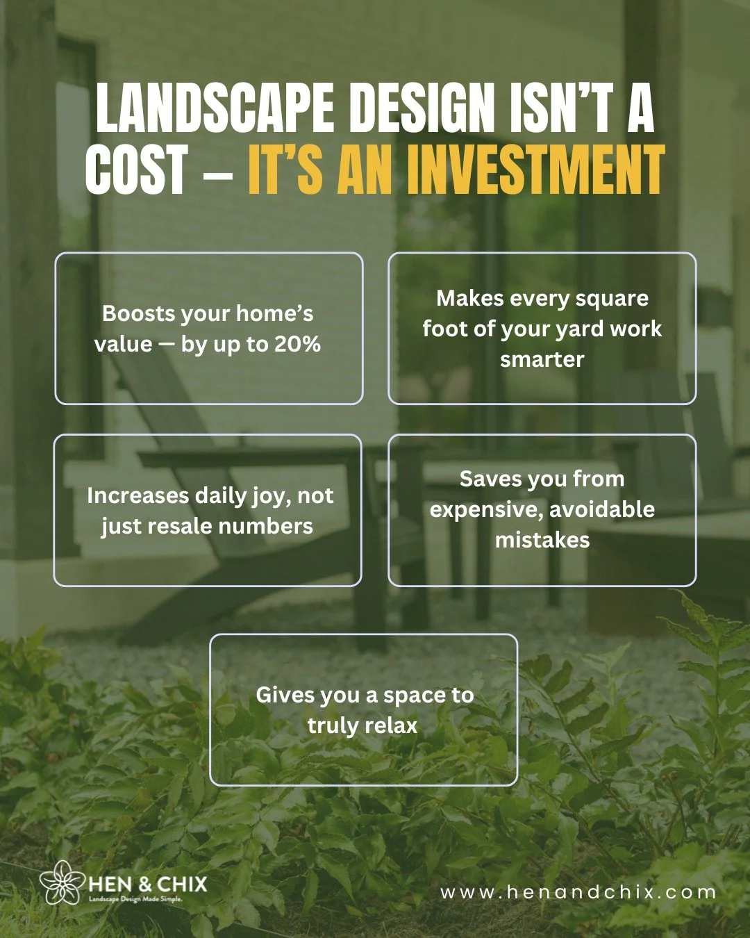 Most people think landscape design is a luxury.

But in reality, it&rsquo;s one of the smartest home investments you can make.

Here&rsquo;s why:

📈 Adds up to 20% to your home&rsquo;s value
🌿 Helps avoid costly mistakes or future redos
🏡 Turns &l
