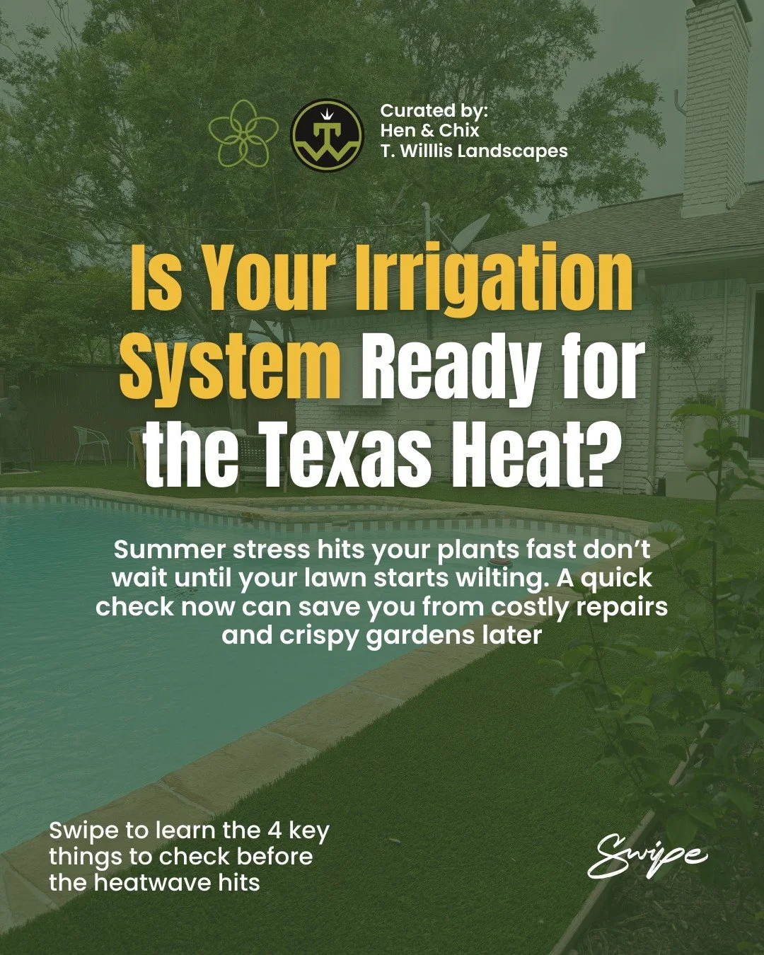 Texas heat hits hard is your irrigation system ready?

Don&rsquo;t wait until your lawn turns crunchy. Here&rsquo;s a quick pre-summer checklist to make sure your plants stay hydrated when temps rise:

✔️ Run a full system test
Turn everything on and