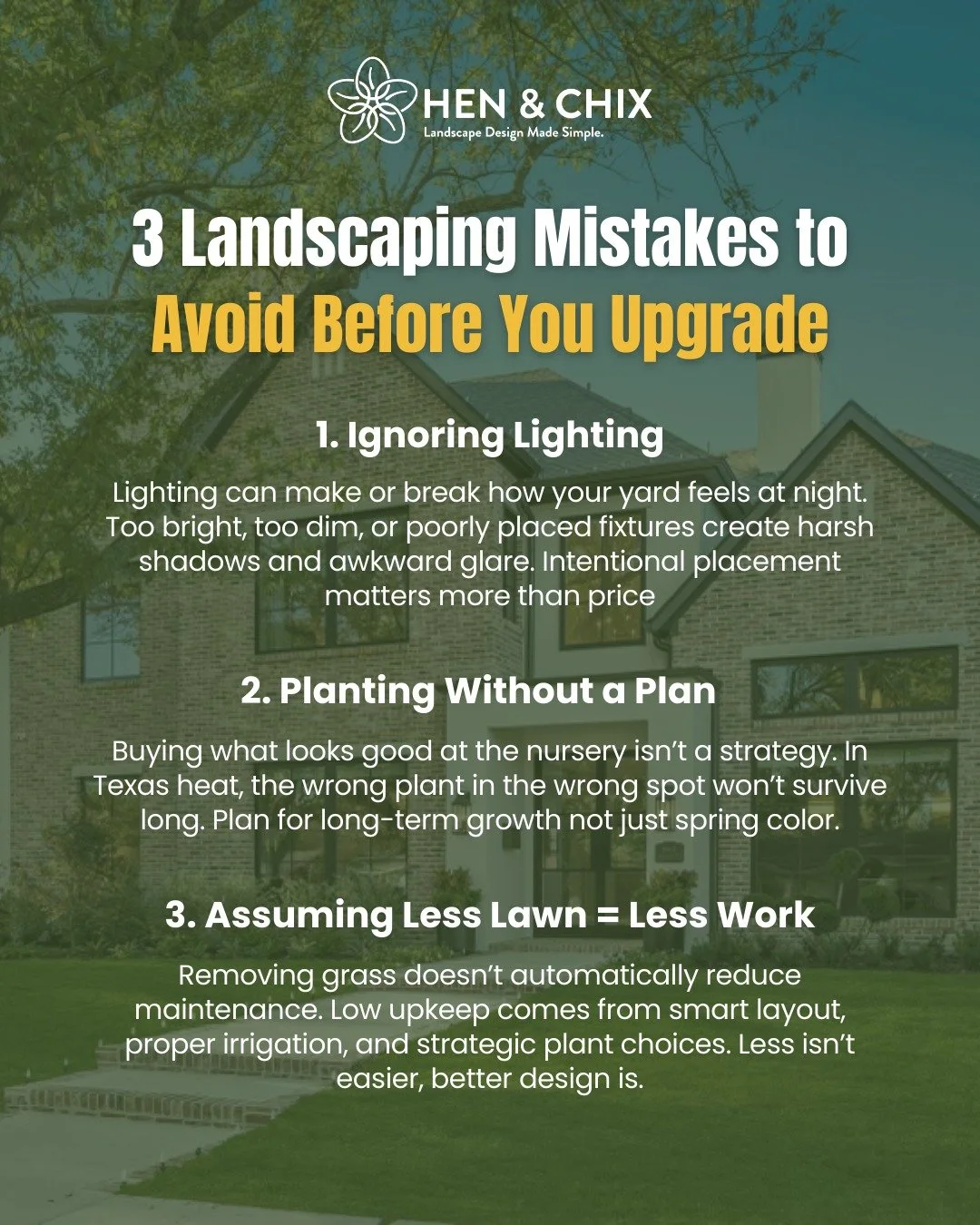 Most landscaping upgrades don&rsquo;t fail because of budget.

They fail because of planning.

Here&rsquo;s what that actually looks like:

1️⃣ Ignoring Lighting

Lighting isn&rsquo;t just about visibility  it changes how your entire yard feels at ni