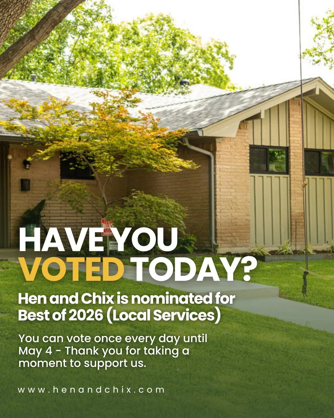 Just a quick reminder you&rsquo;re welcome to vote once a day.

Each vote truly means a lot to us.

We&rsquo;re incredibly grateful to be nominated for the Best of 2026 Awards &ndash; Local Service and we don&rsquo;t take this recognition lightly.

I