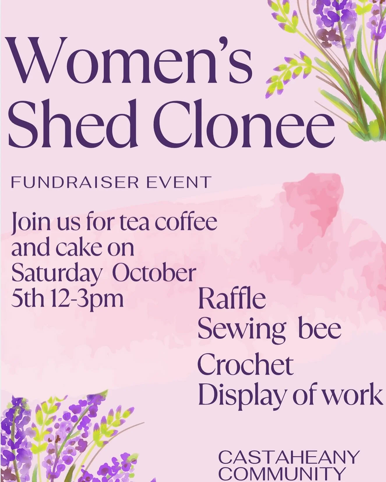 Please join us on Saturday October 5th 12-3pm for our first ever fundraiser for our shed. 
Come for tea coffee and cake, and stay for our sewing bee, crochet and raffle. 
Money raised on the day will go towards a creative writing project for the wome