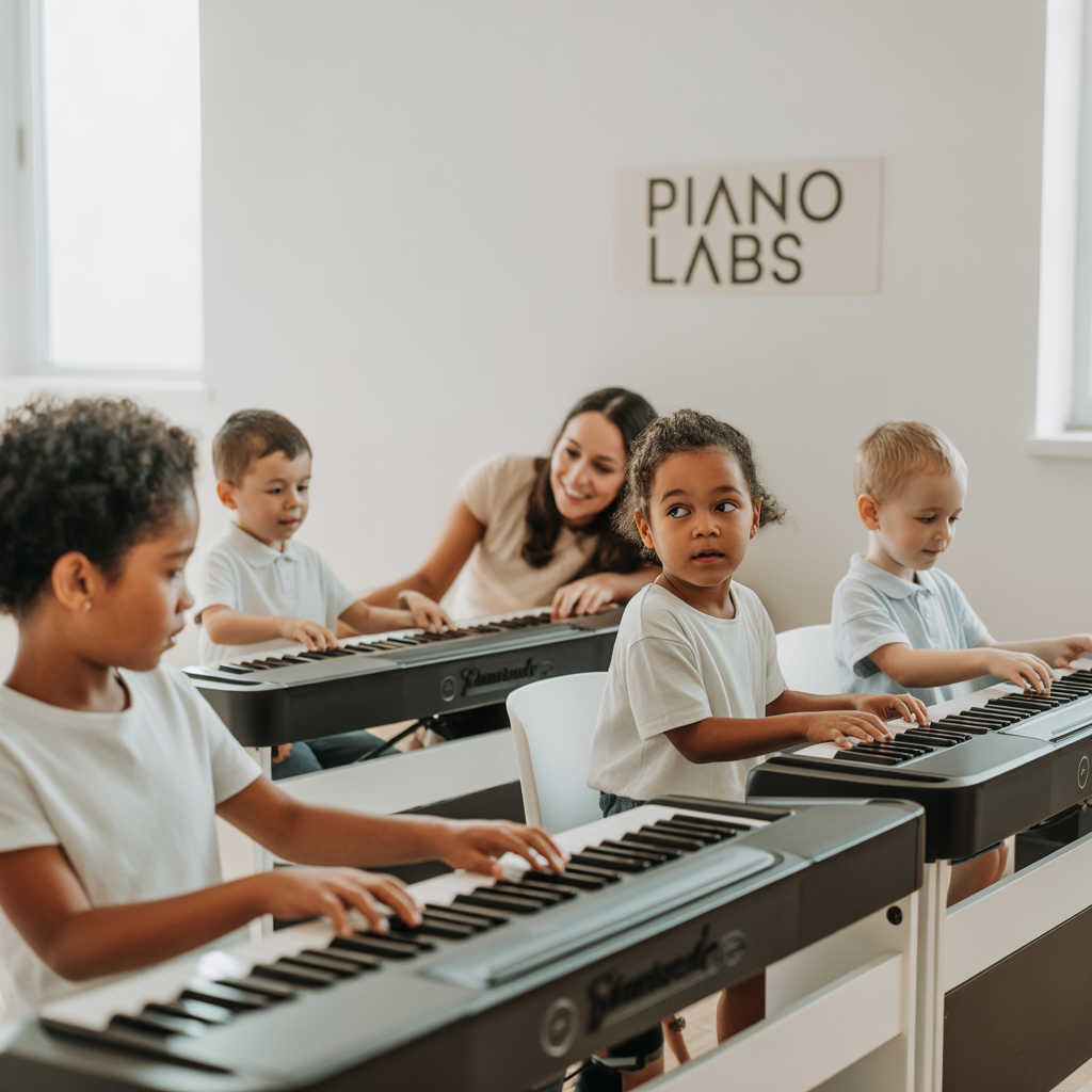 Young children playing digital pianos in a music class with a teacher at Piano Labs