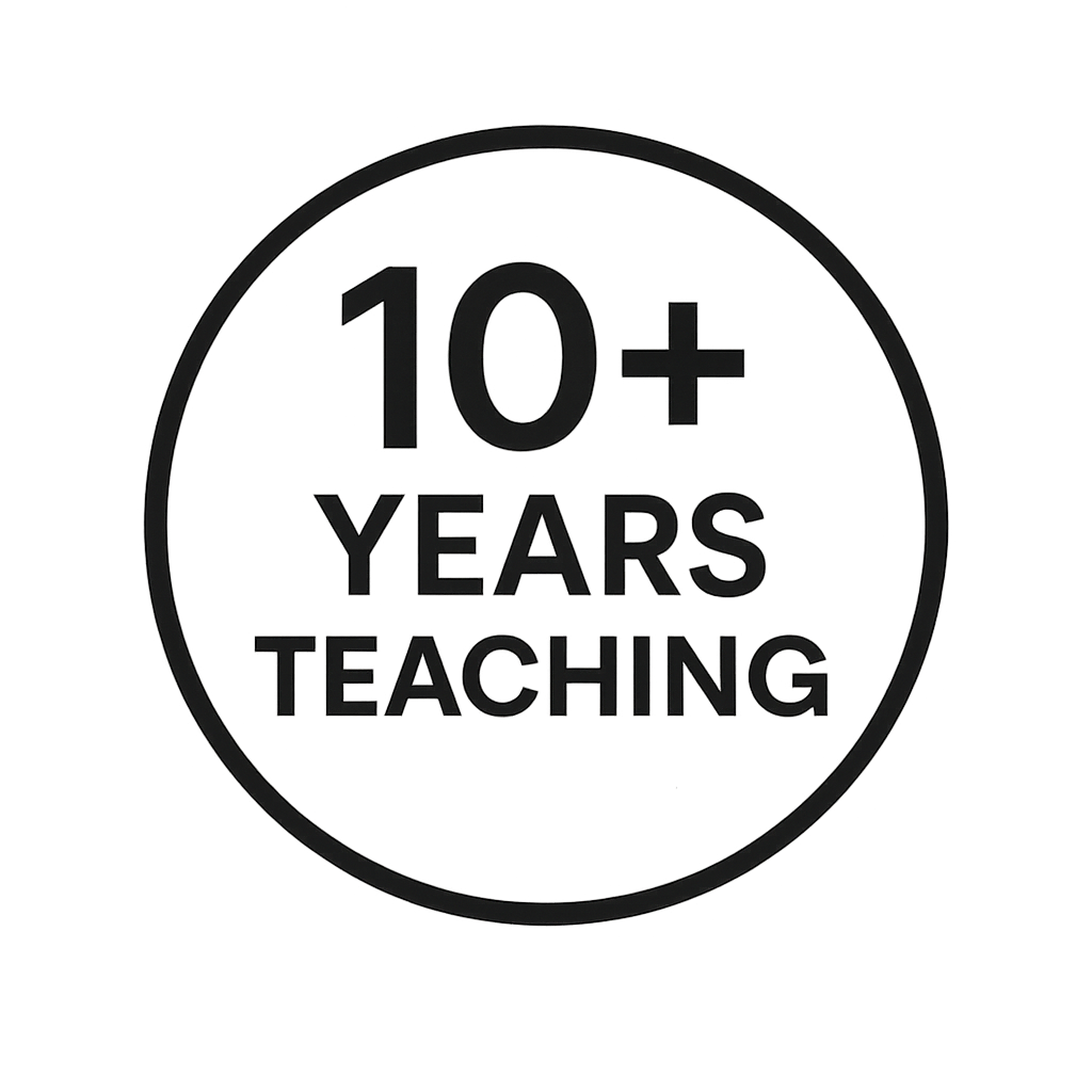Circular badge with the text '10+ YEARS TEACHING' in black.