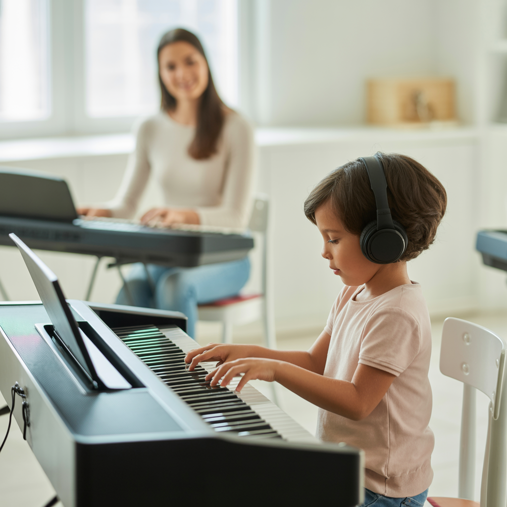 Young girl wearing headphones playing a digital piano with a woman in the background at a keyboard in a well-lit music room.