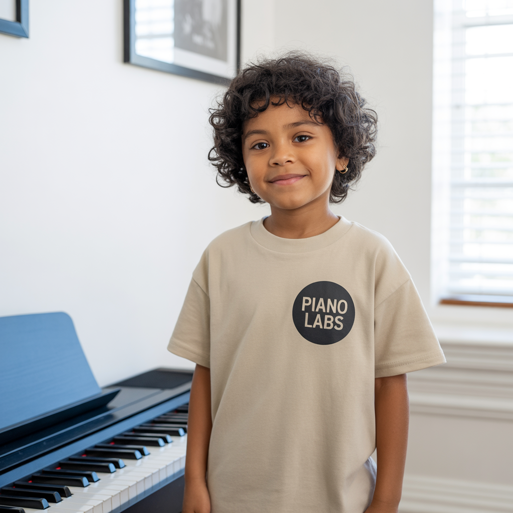Young girl with curly hair standing next to a black piano, wearing a beige PIANO LABS t-shirt, indoors with a window and framed picture on the wall.